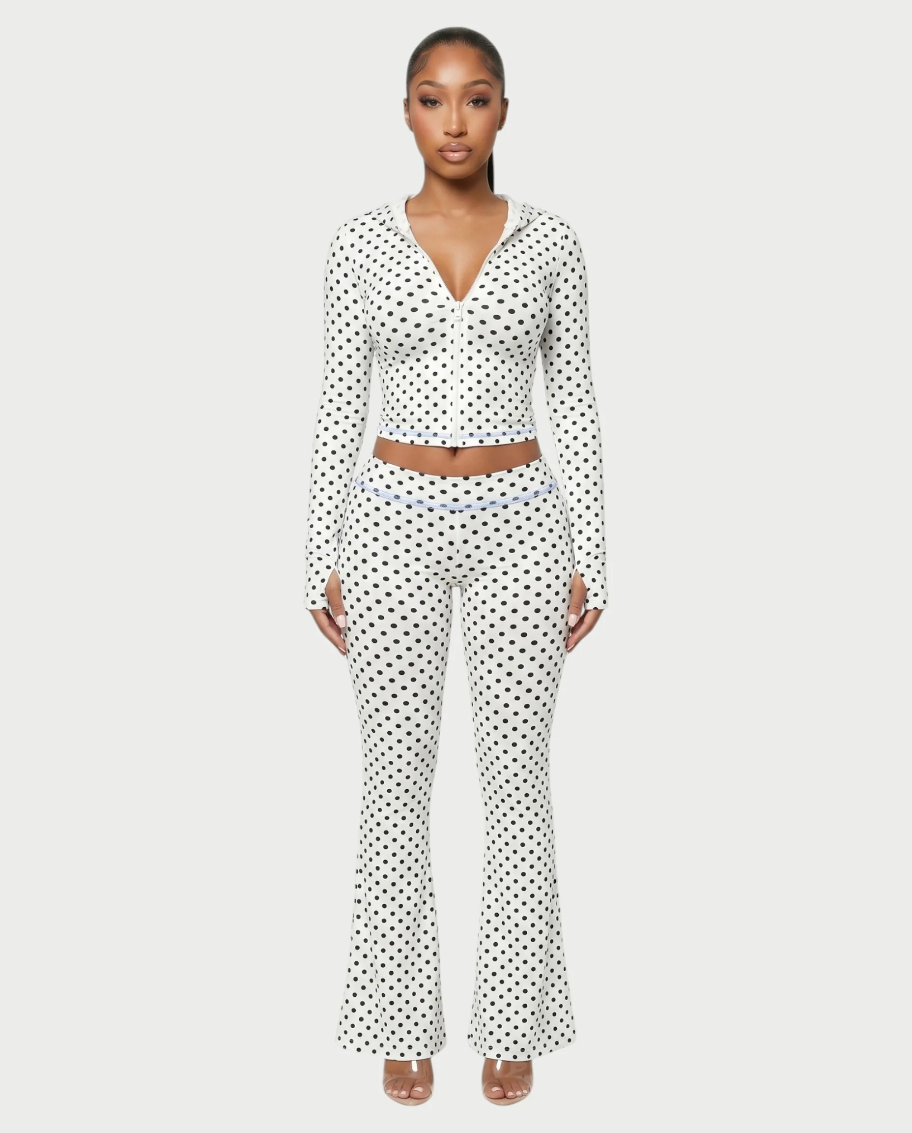 AUREY Polka Dot Zip-Up Hoodie & Flare Pants Set