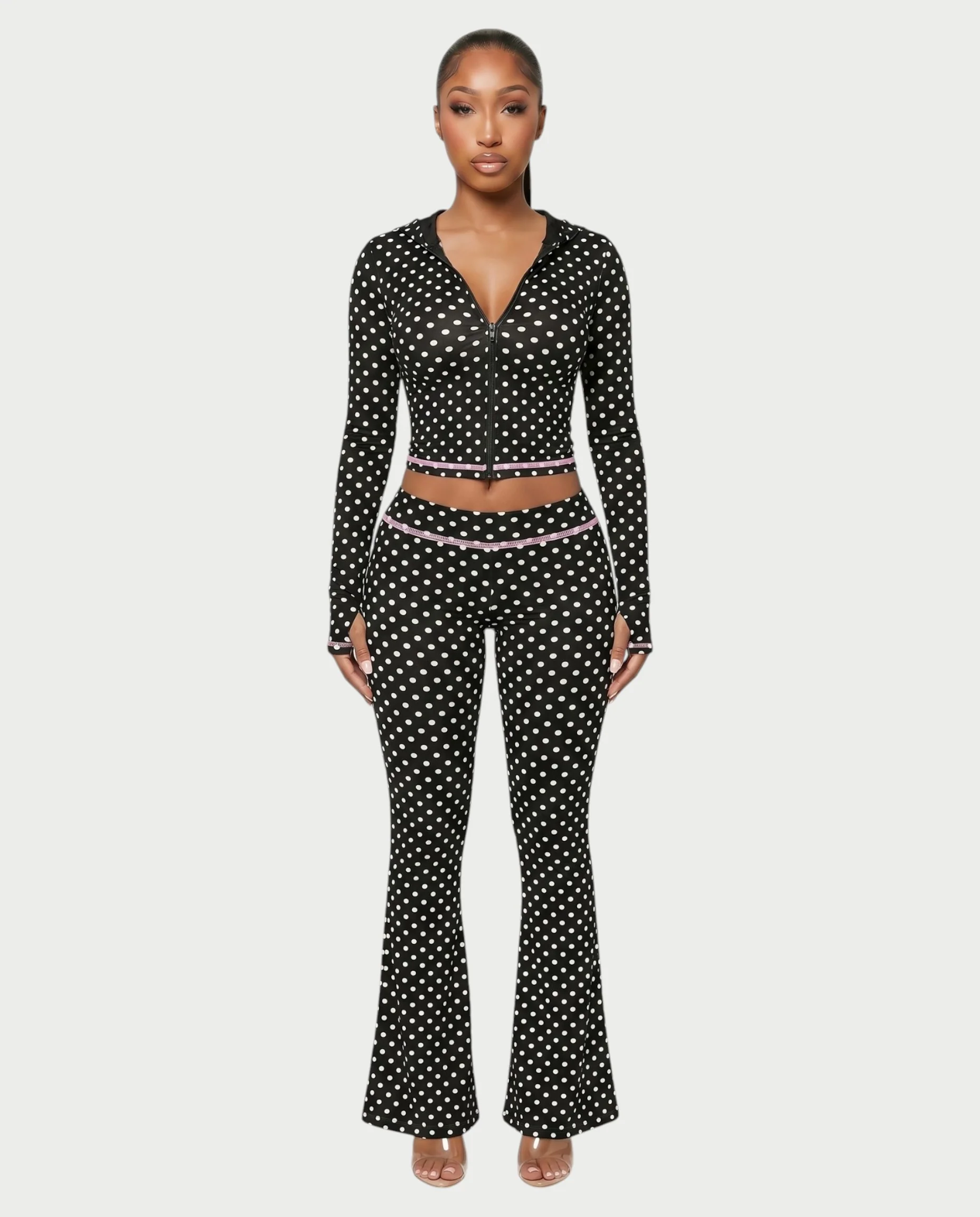 AUREY Polka Dot Zip-Up Hoodie & Flare Pants Set - Image 6