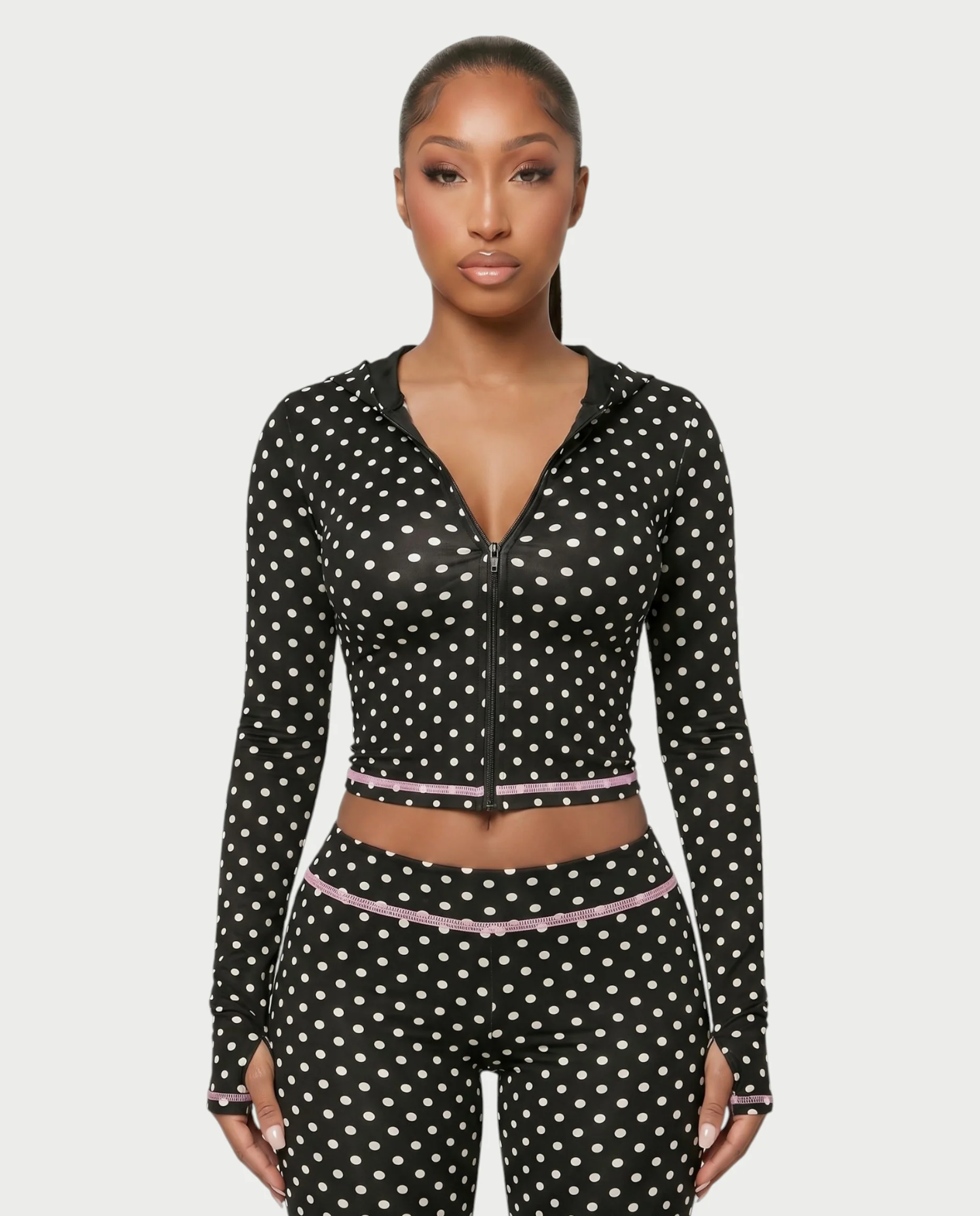 AUREY Polka Dot Zip-Up Hoodie & Flare Pants Set - Image 9