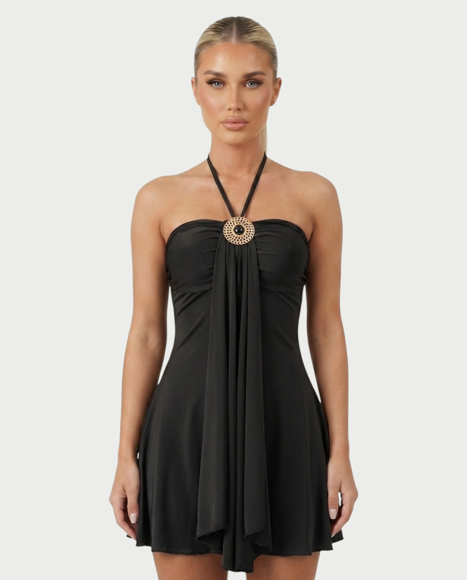 AVIELLE Halter Chain Medallion Drape Mini Dress - Image 14