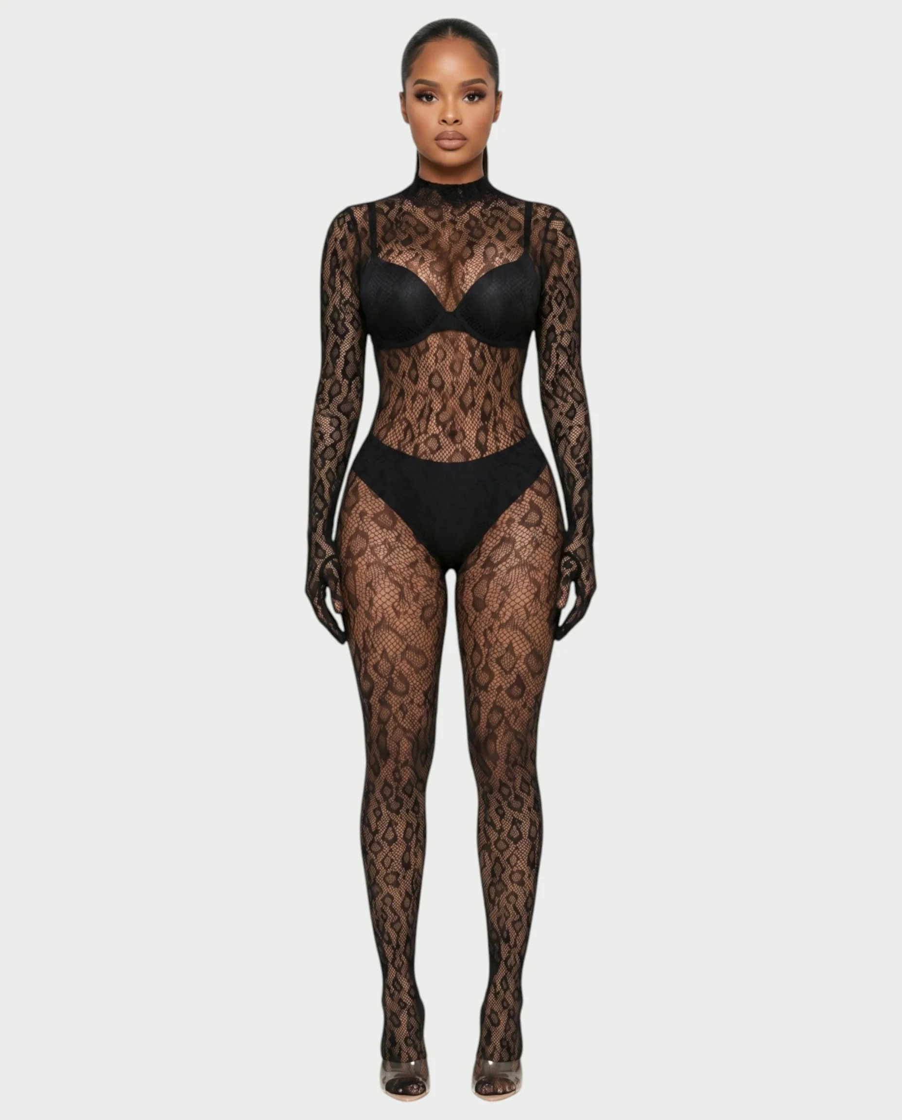AVILA Sheer Leopard Lace Bodycon Jumpsuit