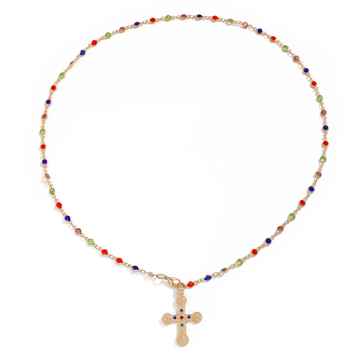 Beaded Gemstone Cross Pendant Necklace - Image 3