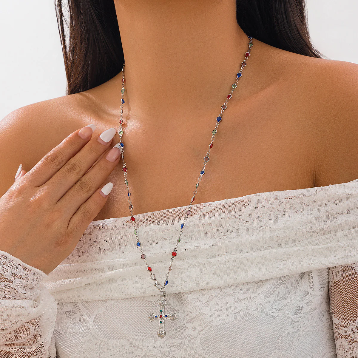 Beaded Gemstone Cross Pendant Necklace - Image 4