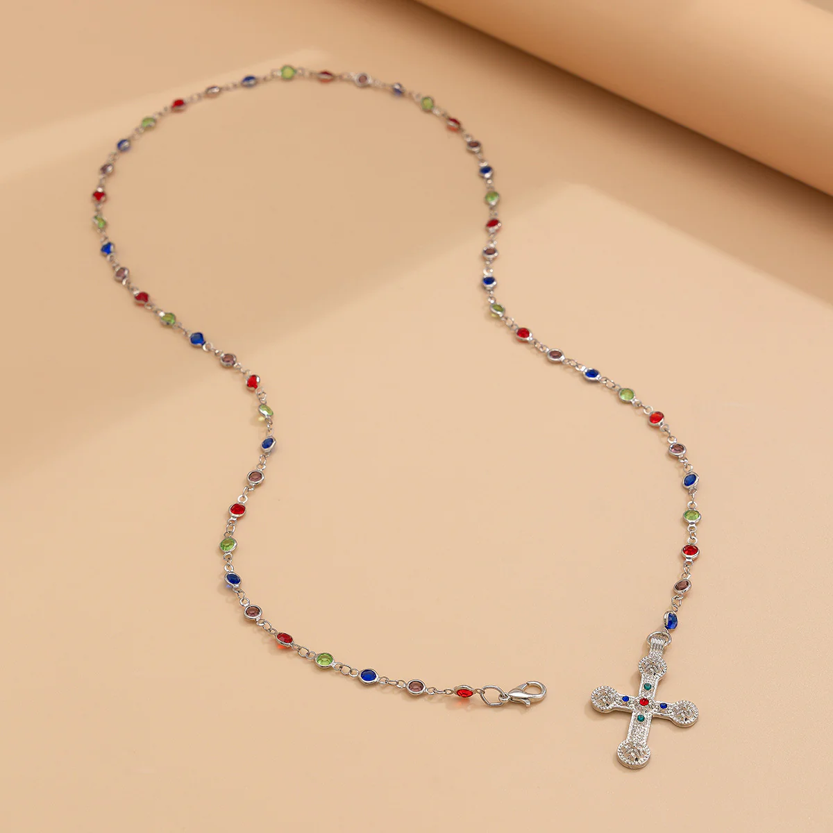 Beaded Gemstone Cross Pendant Necklace - Image 6
