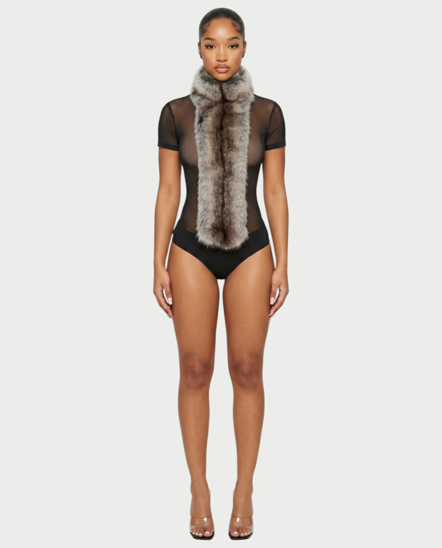 BECCA Sheer Mesh Fur Trim Bodysuit