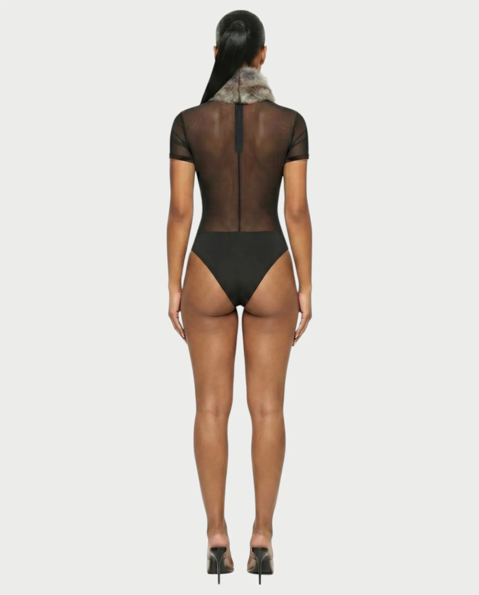 BECCA Sheer Mesh Fur Trim Bodysuit - Image 2