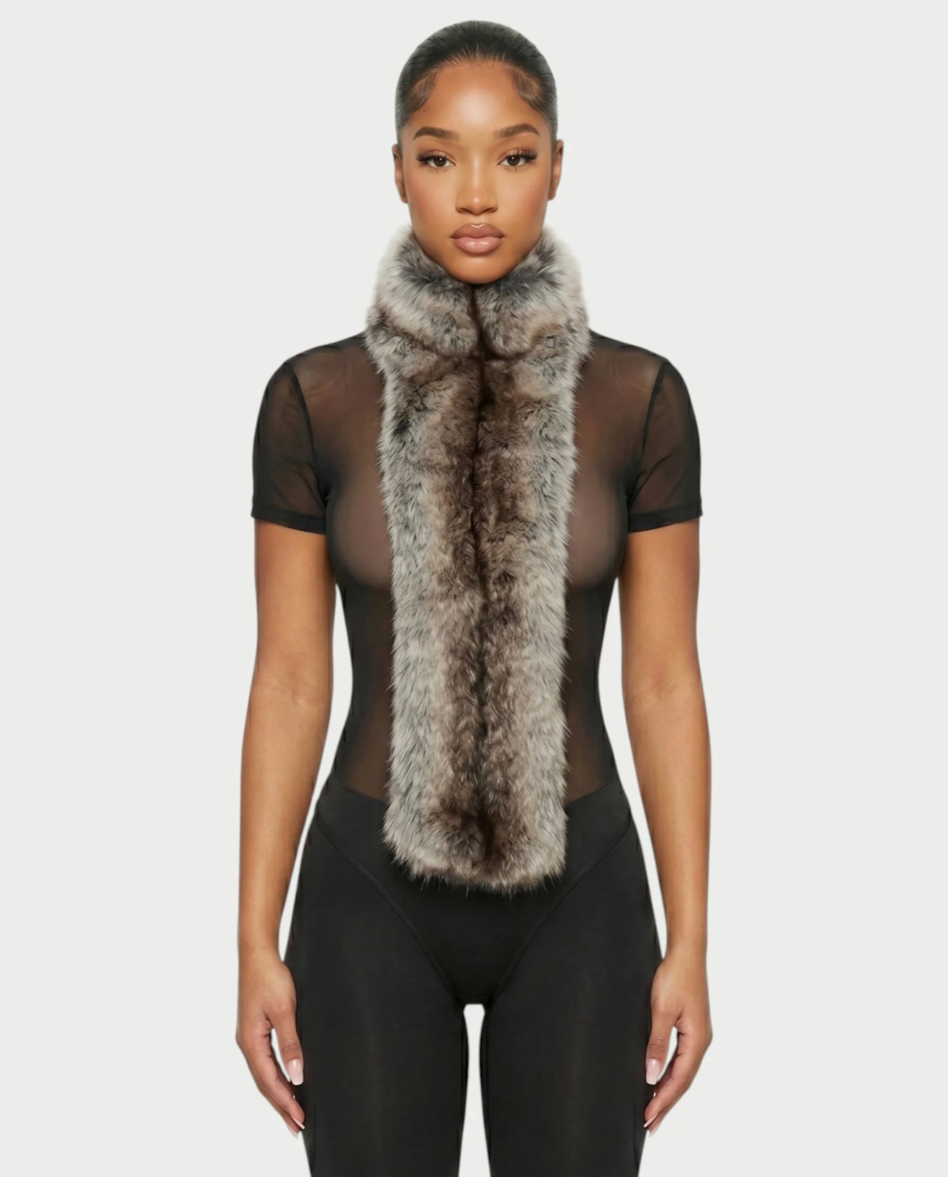 BECCA Sheer Mesh Fur Trim Bodysuit - Image 3