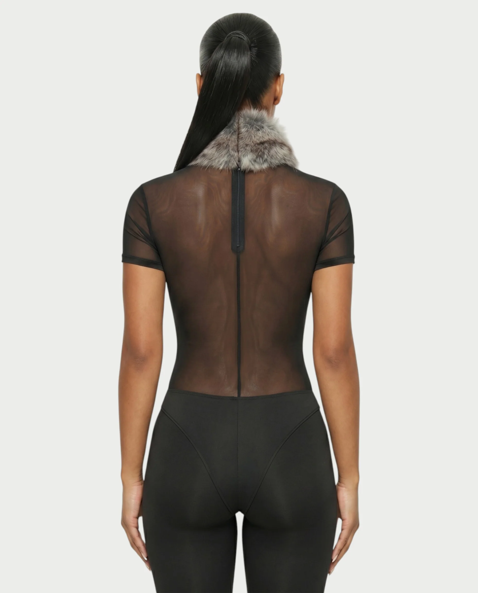 BECCA Sheer Mesh Fur Trim Bodysuit - Image 4