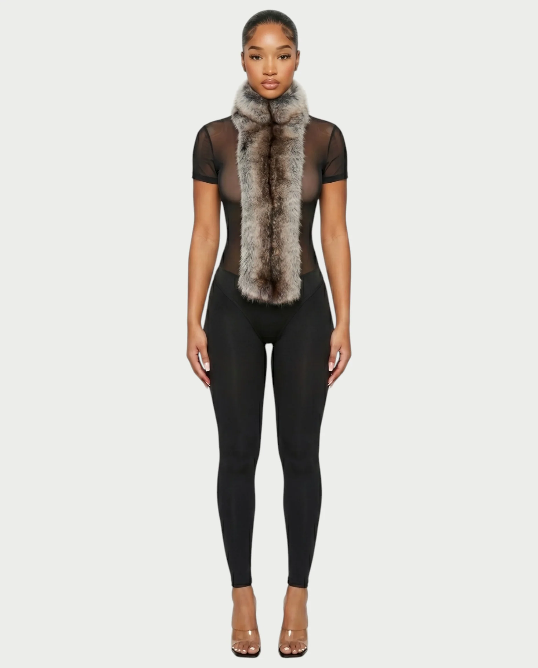 BECCA Sheer Mesh Fur Trim Bodysuit - Image 5
