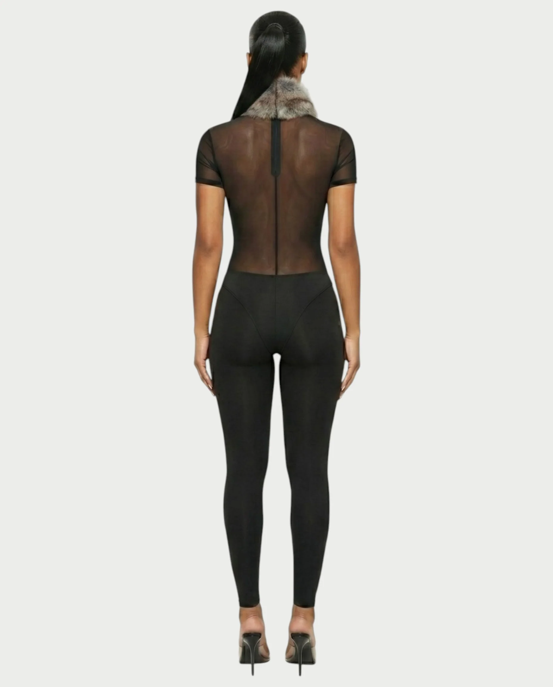 BECCA Sheer Mesh Fur Trim Bodysuit - Image 6