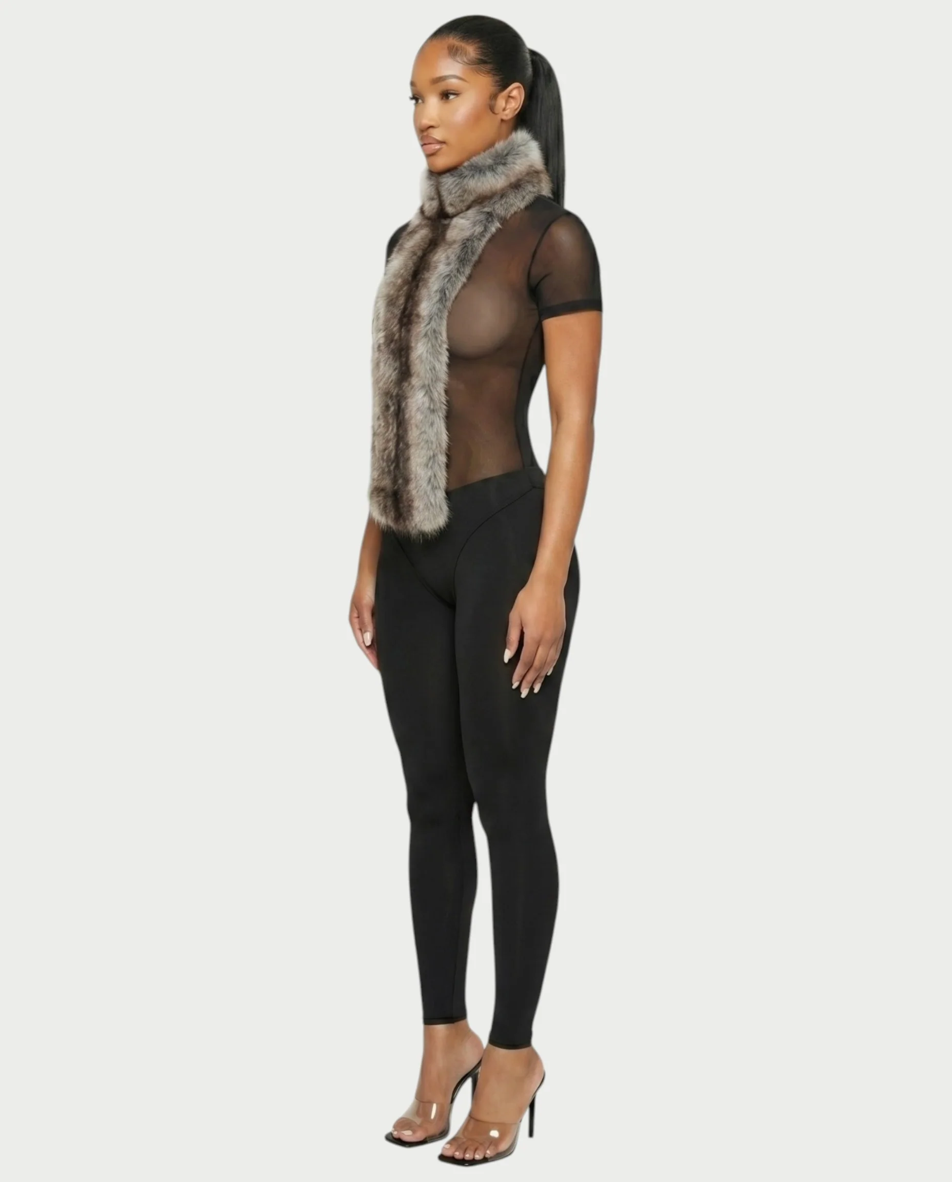 BECCA Sheer Mesh Fur Trim Bodysuit - Image 7