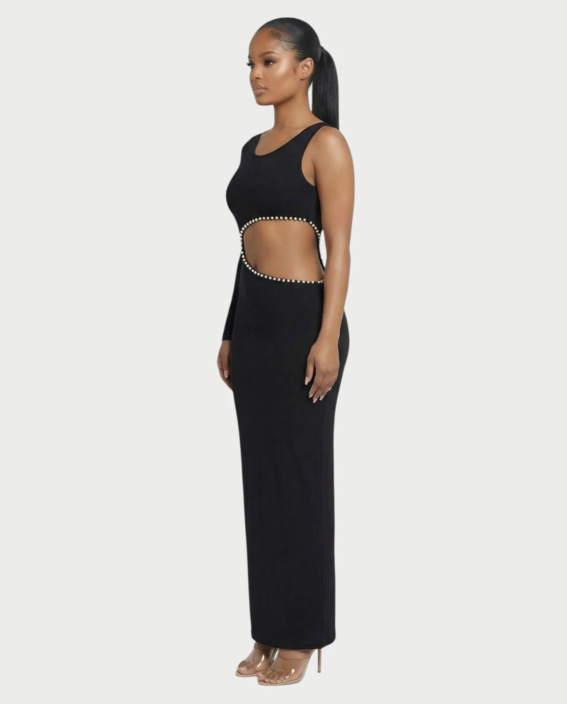 BELLIA One Sleeve Pearl Cut-Out Maxi Dress - Image 3