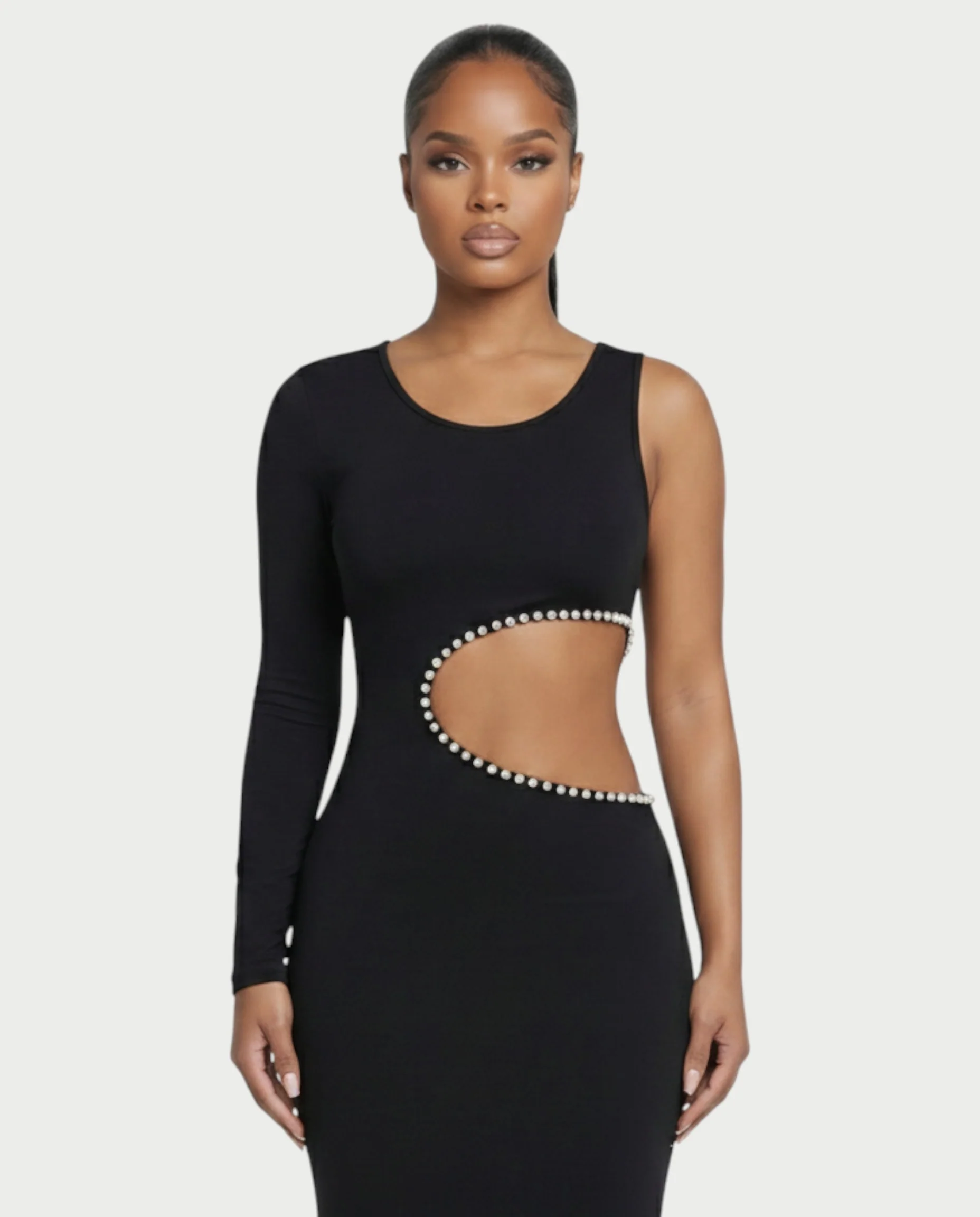 BELLIA One Sleeve Pearl Cut-Out Maxi Dress - Image 4