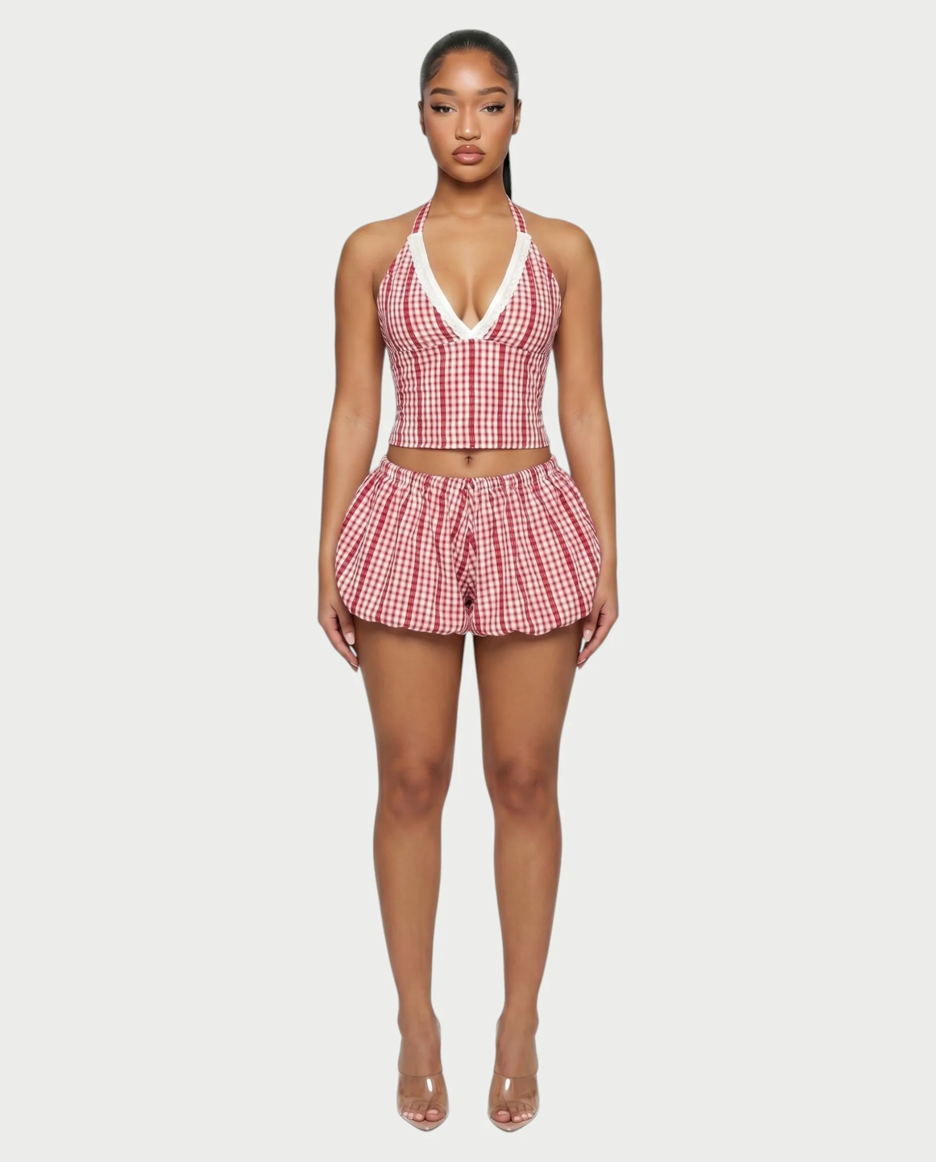 BELLOR Plaid Halter Top & Puff Shorts Set
