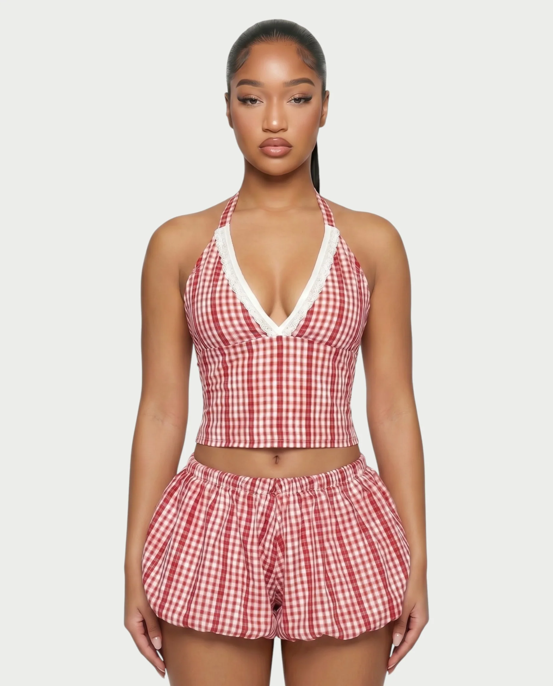 BELLOR Plaid Halter Top & Puff Shorts Set - Image 4