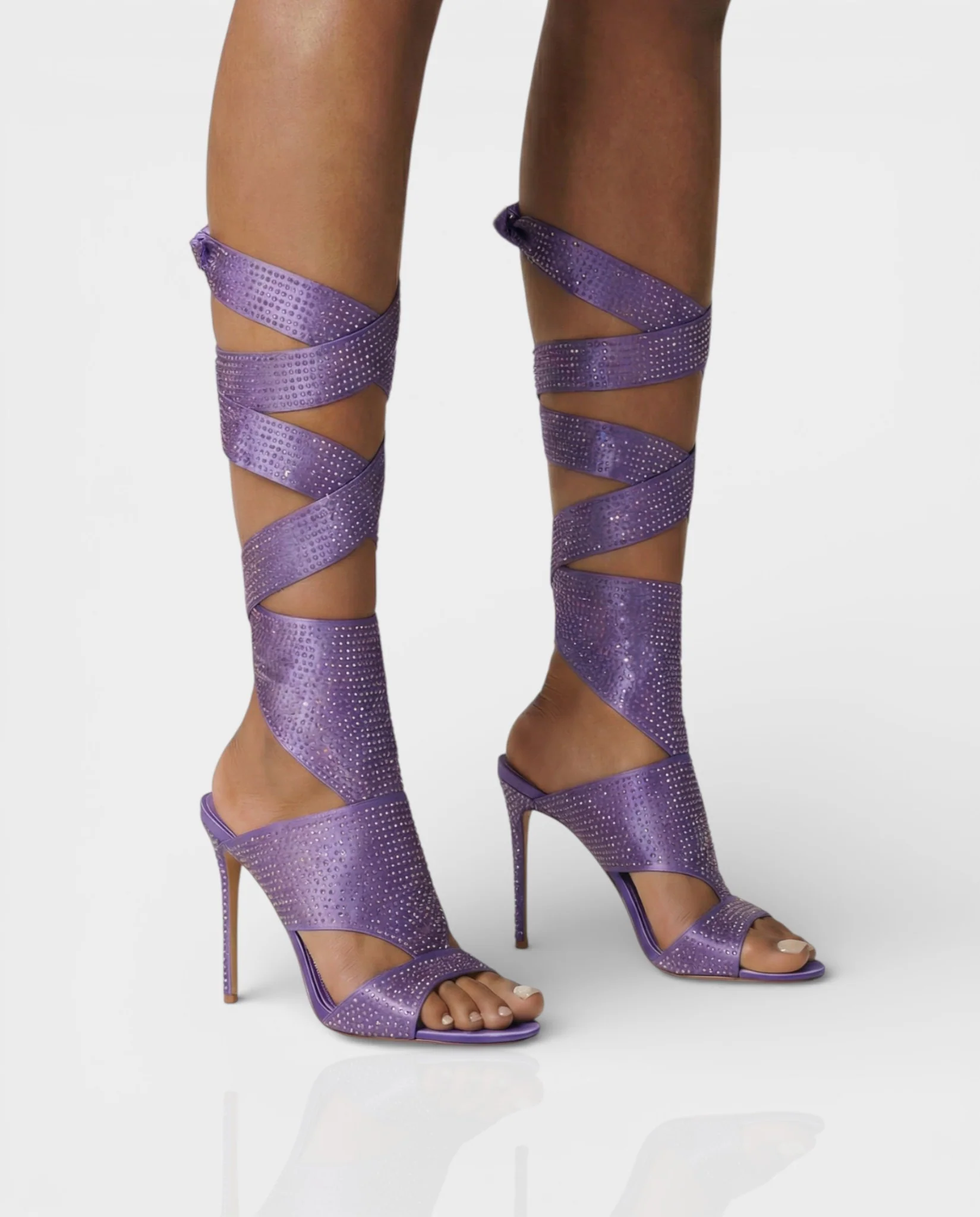 BRIANNE Square Head Rhinestone Lace-Up Knee High Heels - Image 5