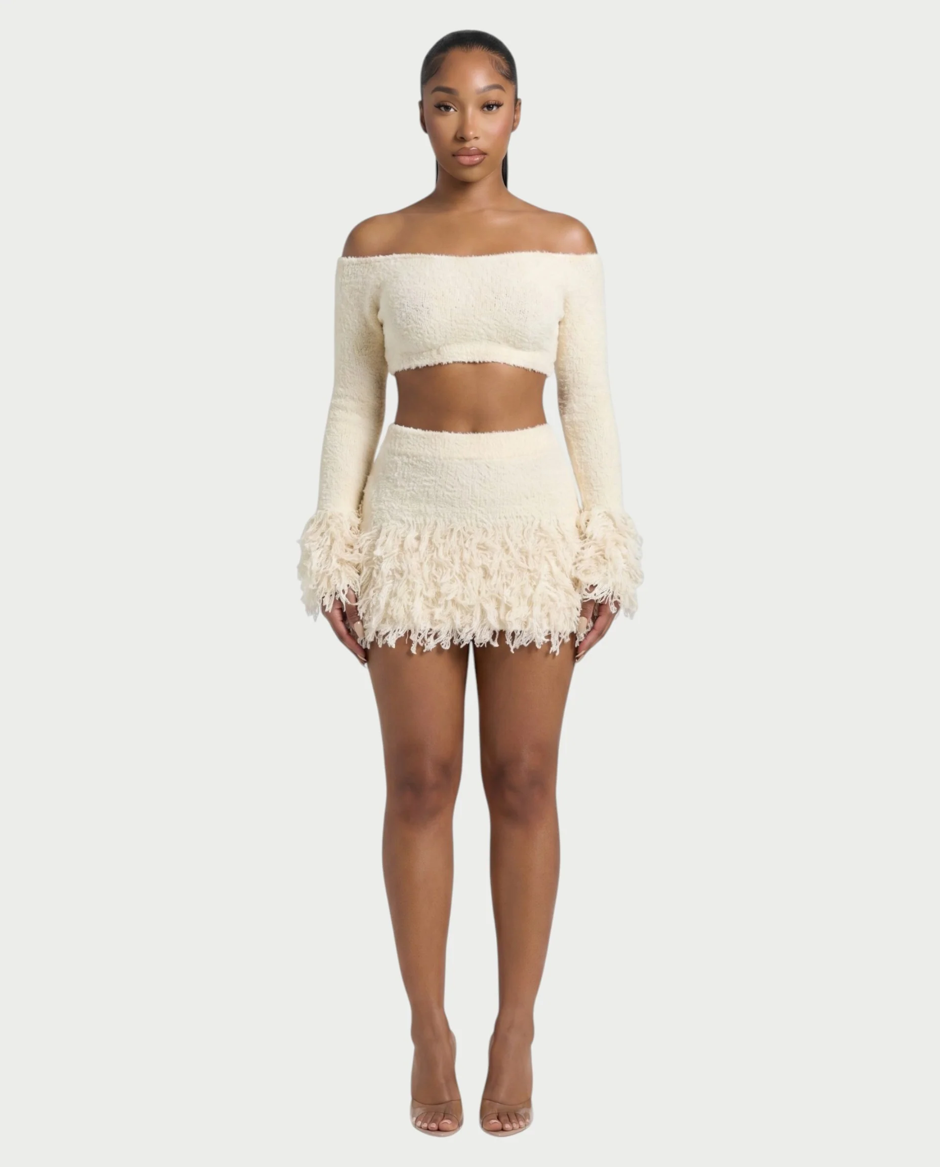 CAELINA Knit Crop Top & Fringe Mini Skirt Set