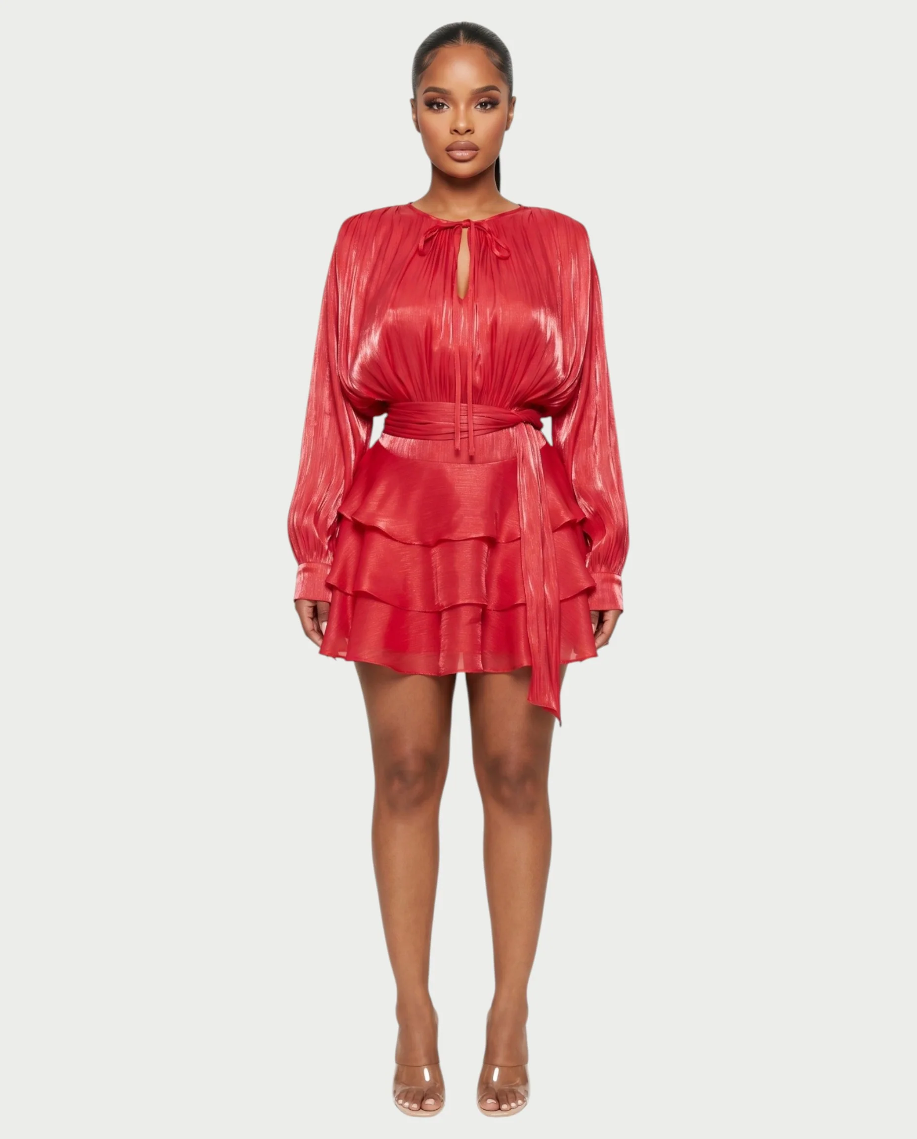 CALIMA Tie-Neck Ruffle Waist Mini Dress