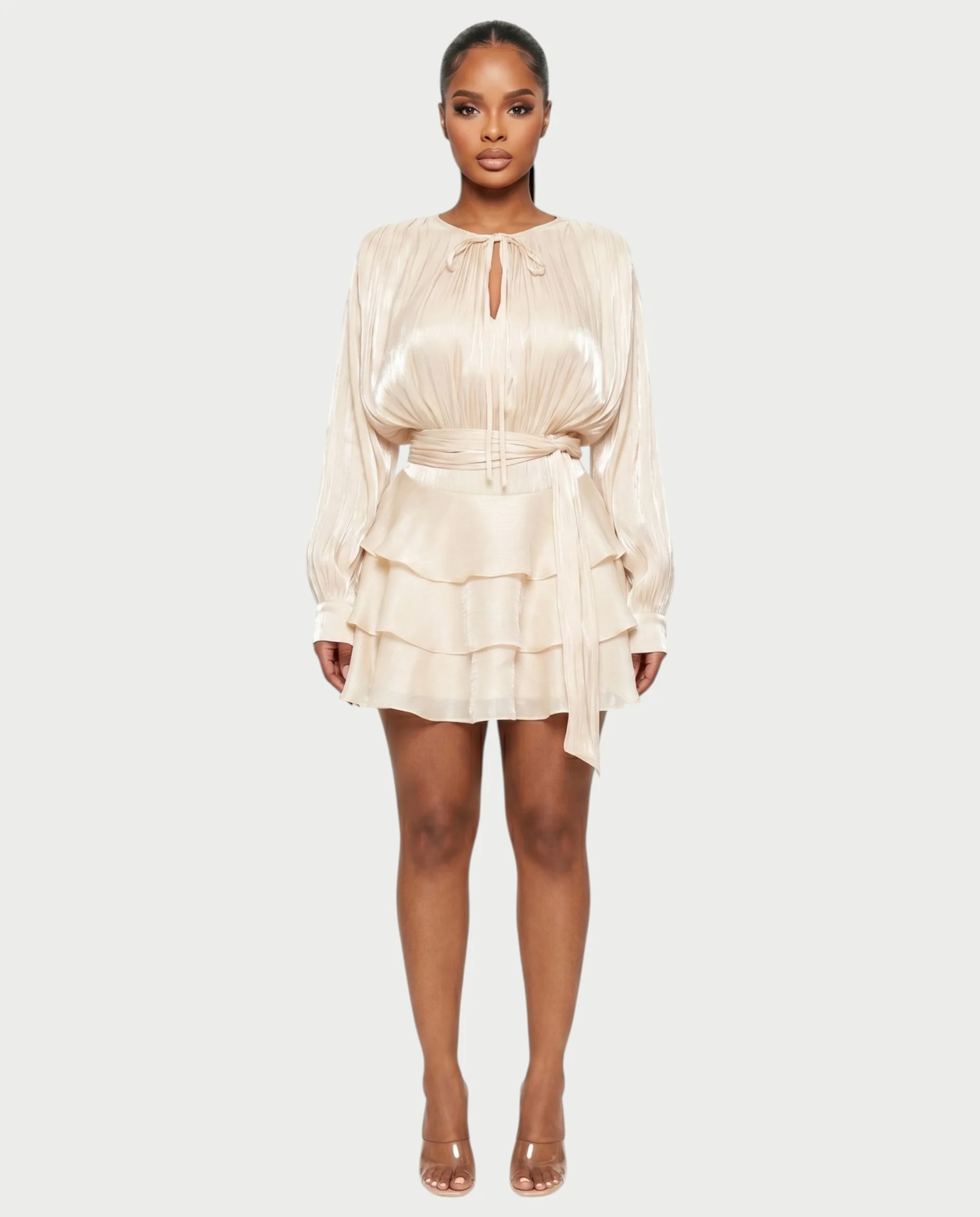 CALIMA Tie-Neck Ruffle Waist Mini Dress - Image 11