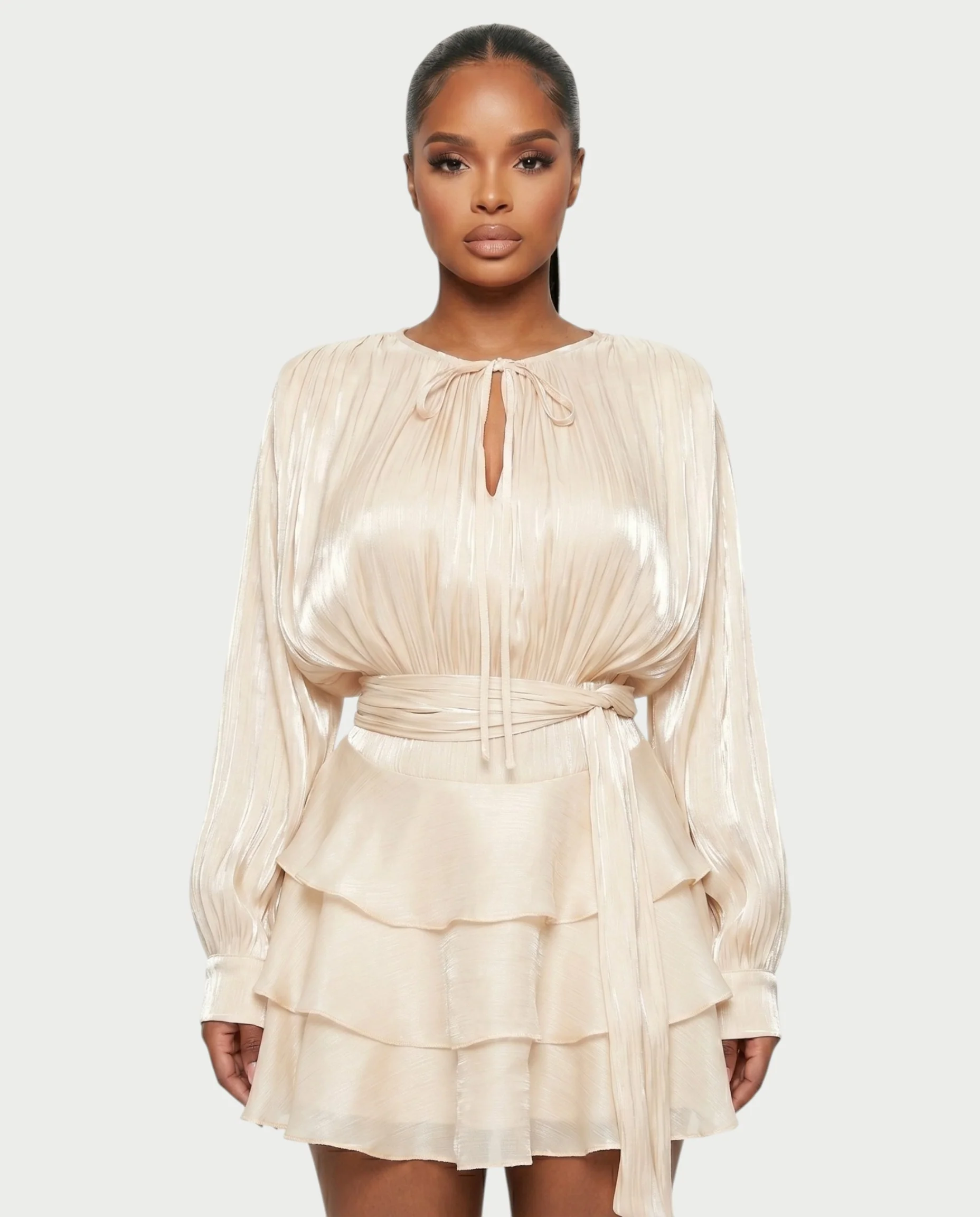 CALIMA Tie-Neck Ruffle Waist Mini Dress - Image 14