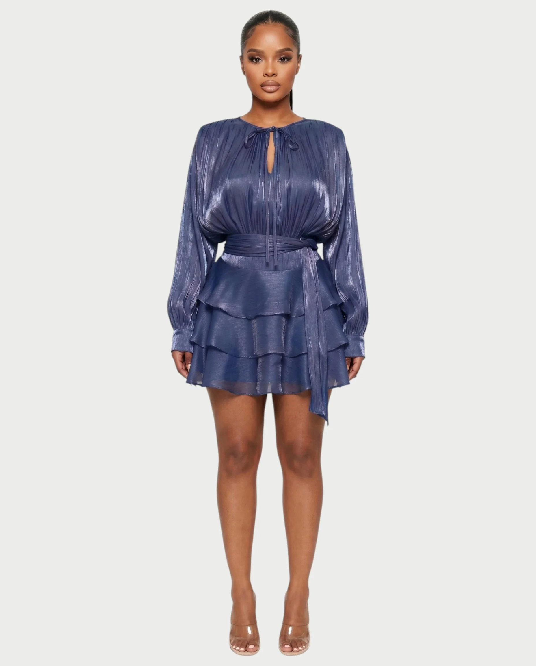 CALIMA Tie-Neck Ruffle Waist Mini Dress - Image 21