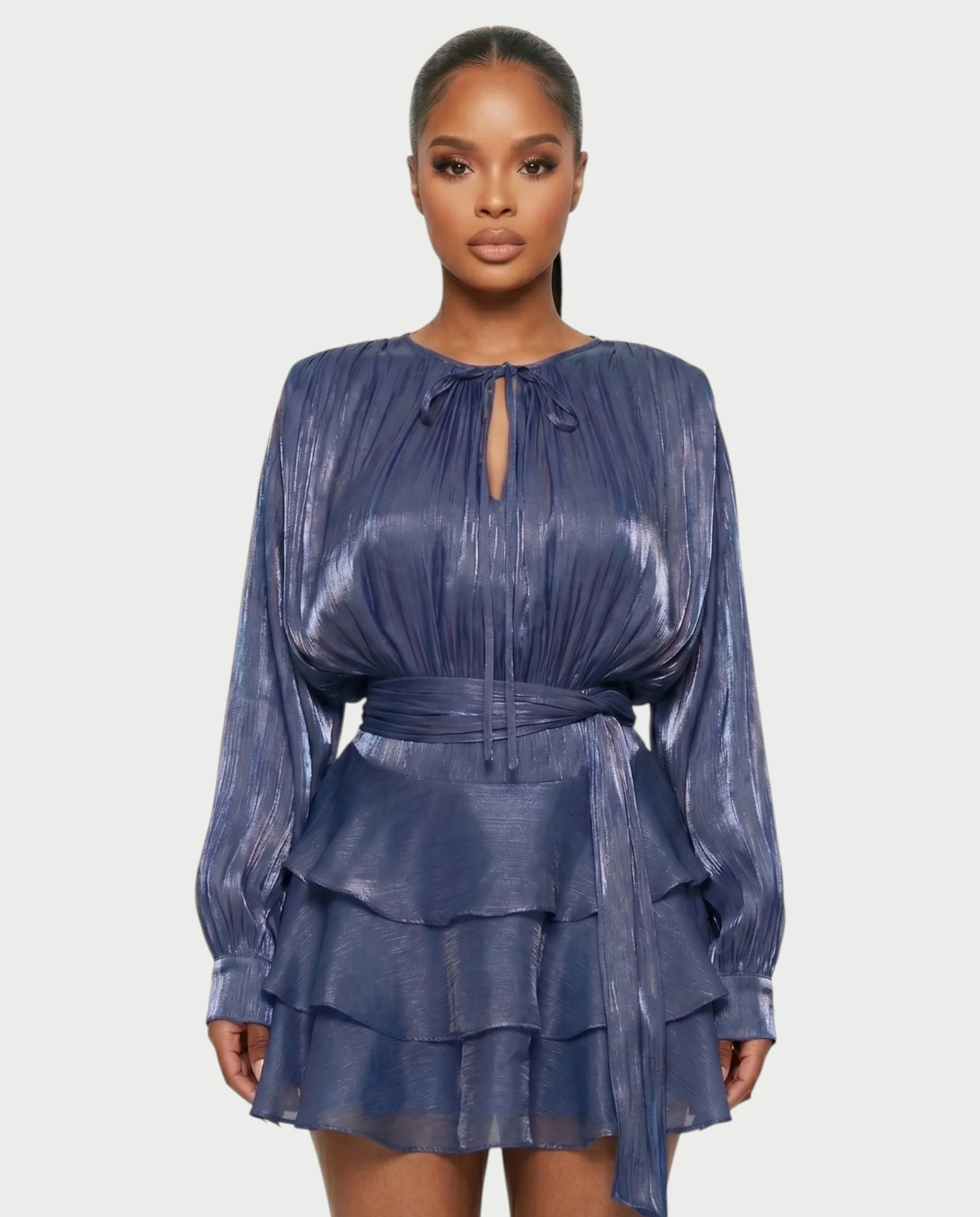 CALIMA Tie-Neck Ruffle Waist Mini Dress - Image 24