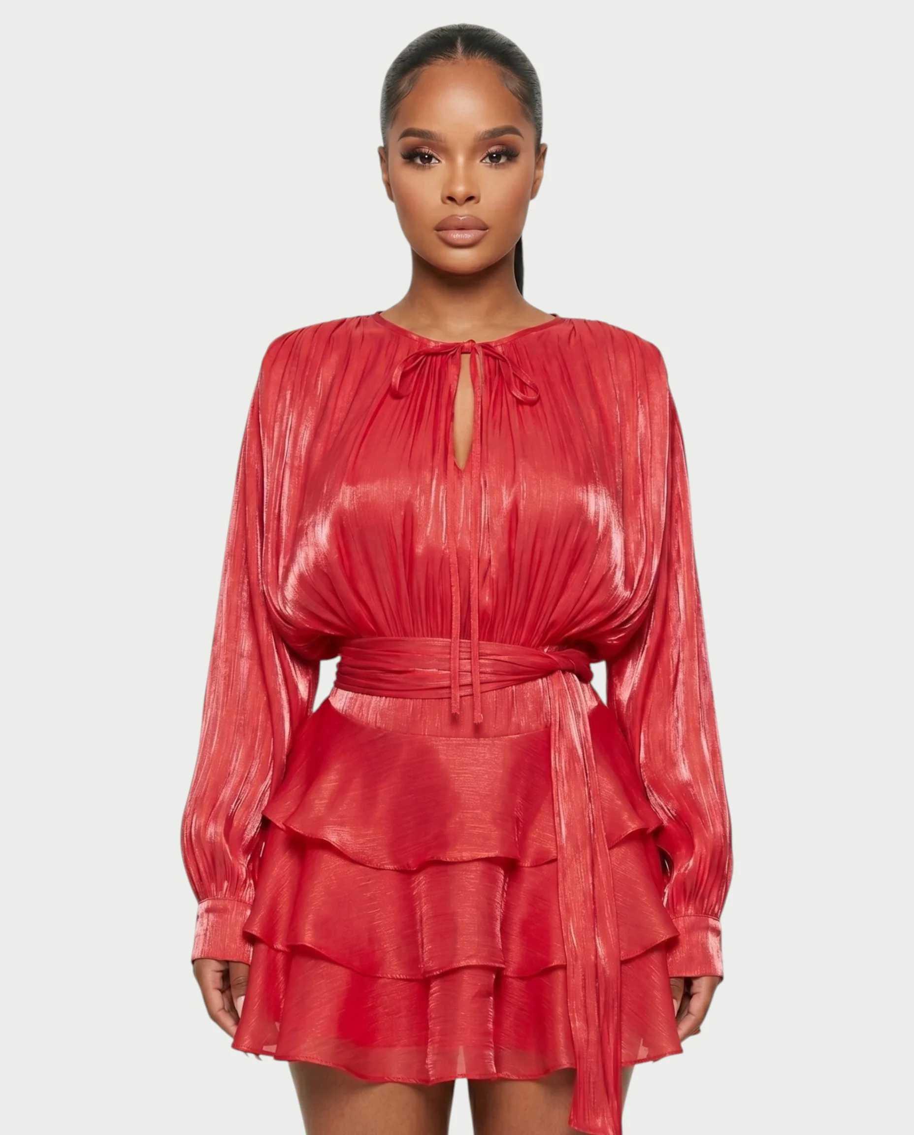 CALIMA Tie-Neck Ruffle Waist Mini Dress - Image 4