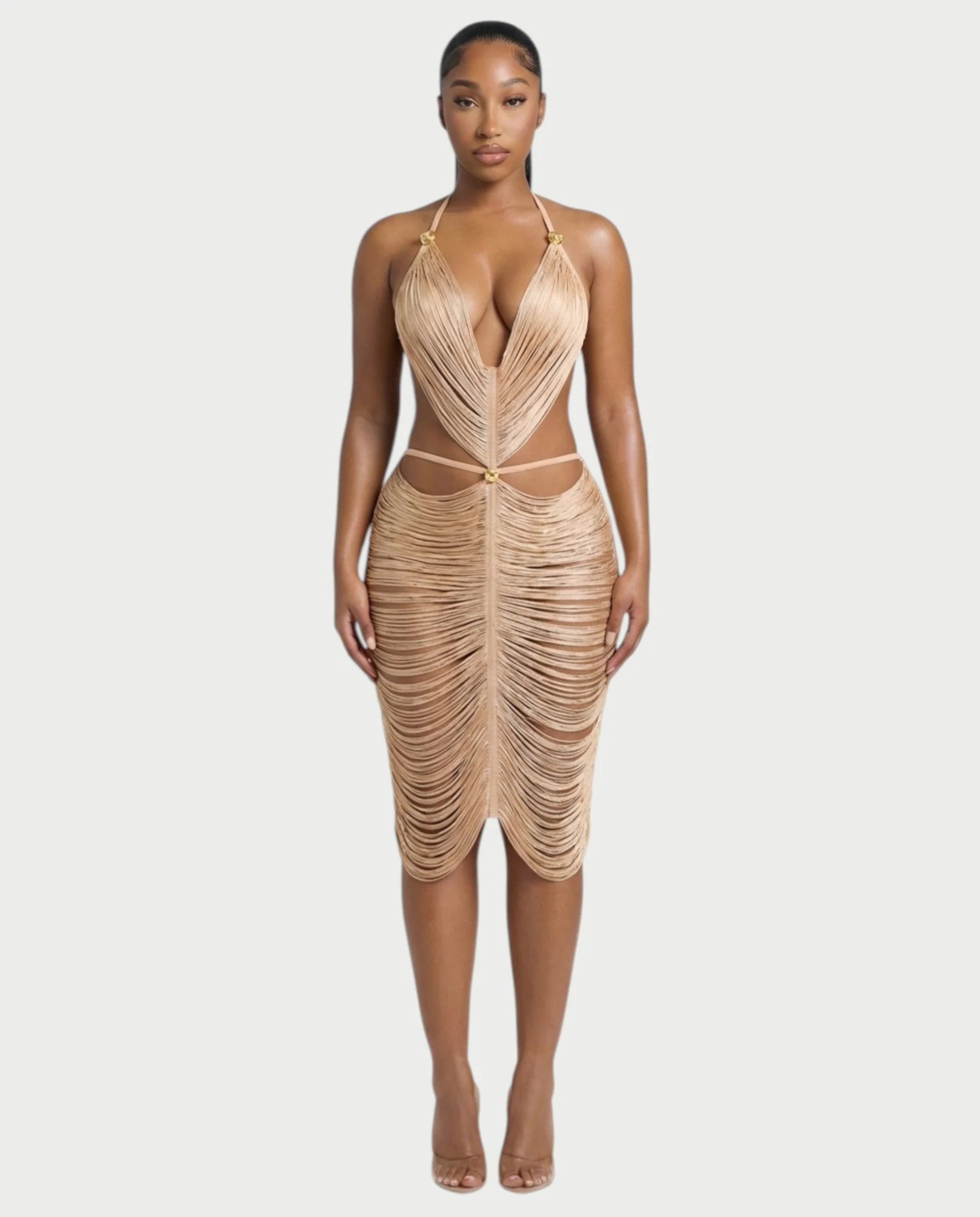 CALPER Tassel Draped Halter Midi Dress