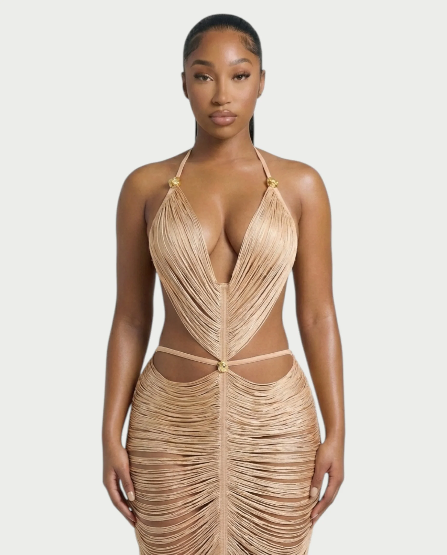 CALPER Tassel Draped Halter Midi Dress - Image 4