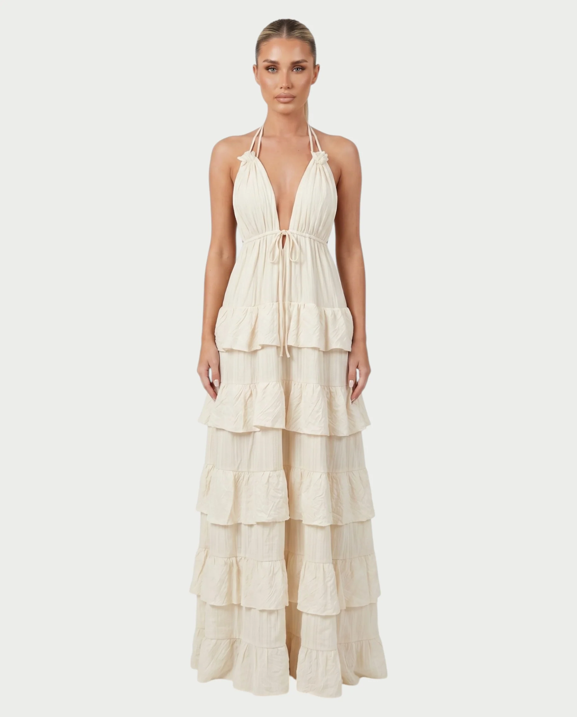 CARESS Tiered Ruffle Halter Maxi Dress
