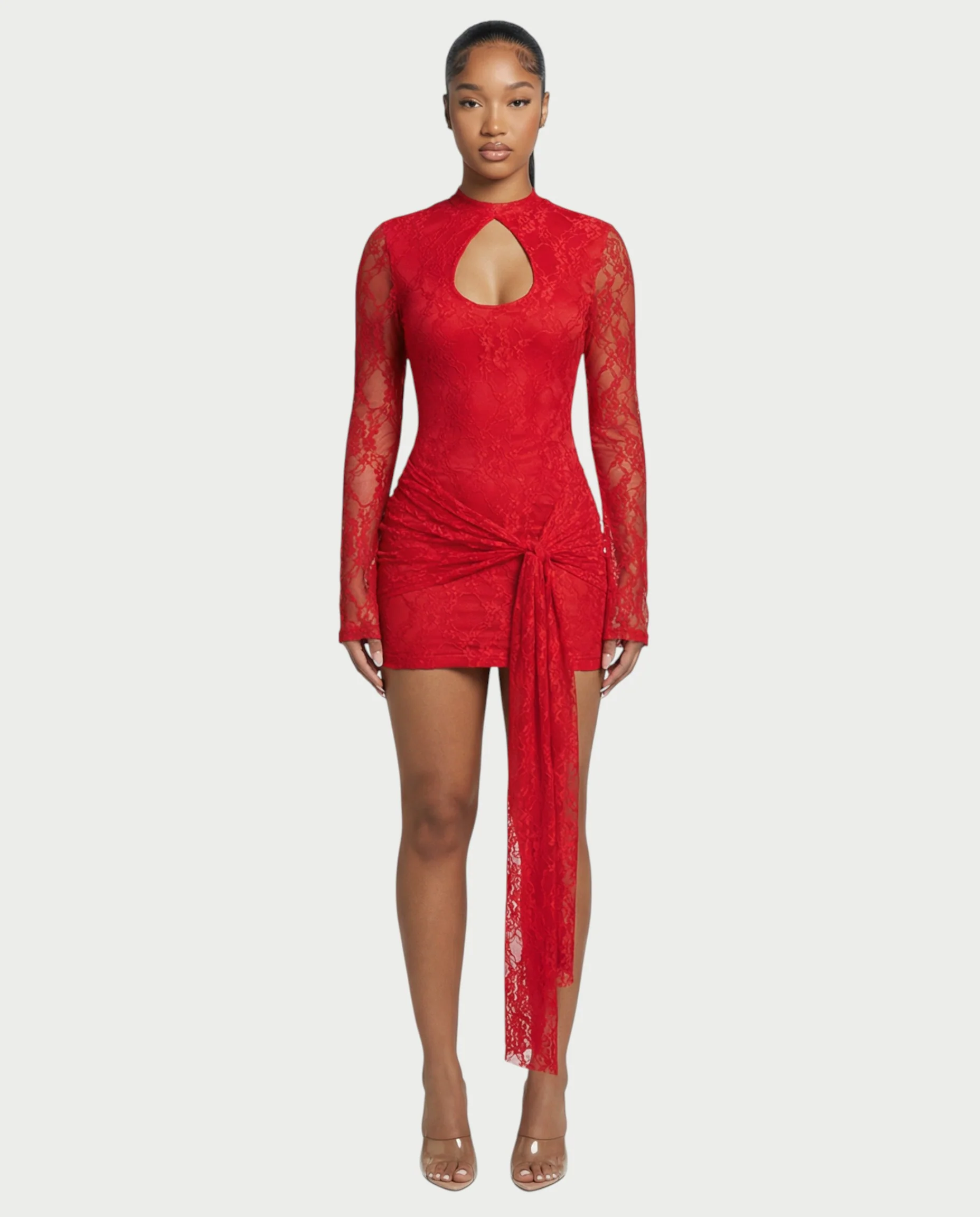CELISE Sheer Lace Ruched Long-Sleeve Mini Dress