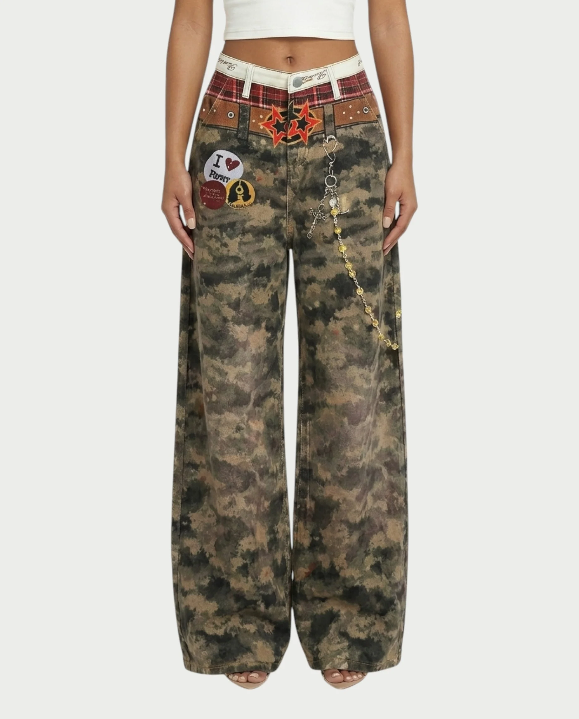 CEVY Retro Camo Wide-Leg Denim Pants