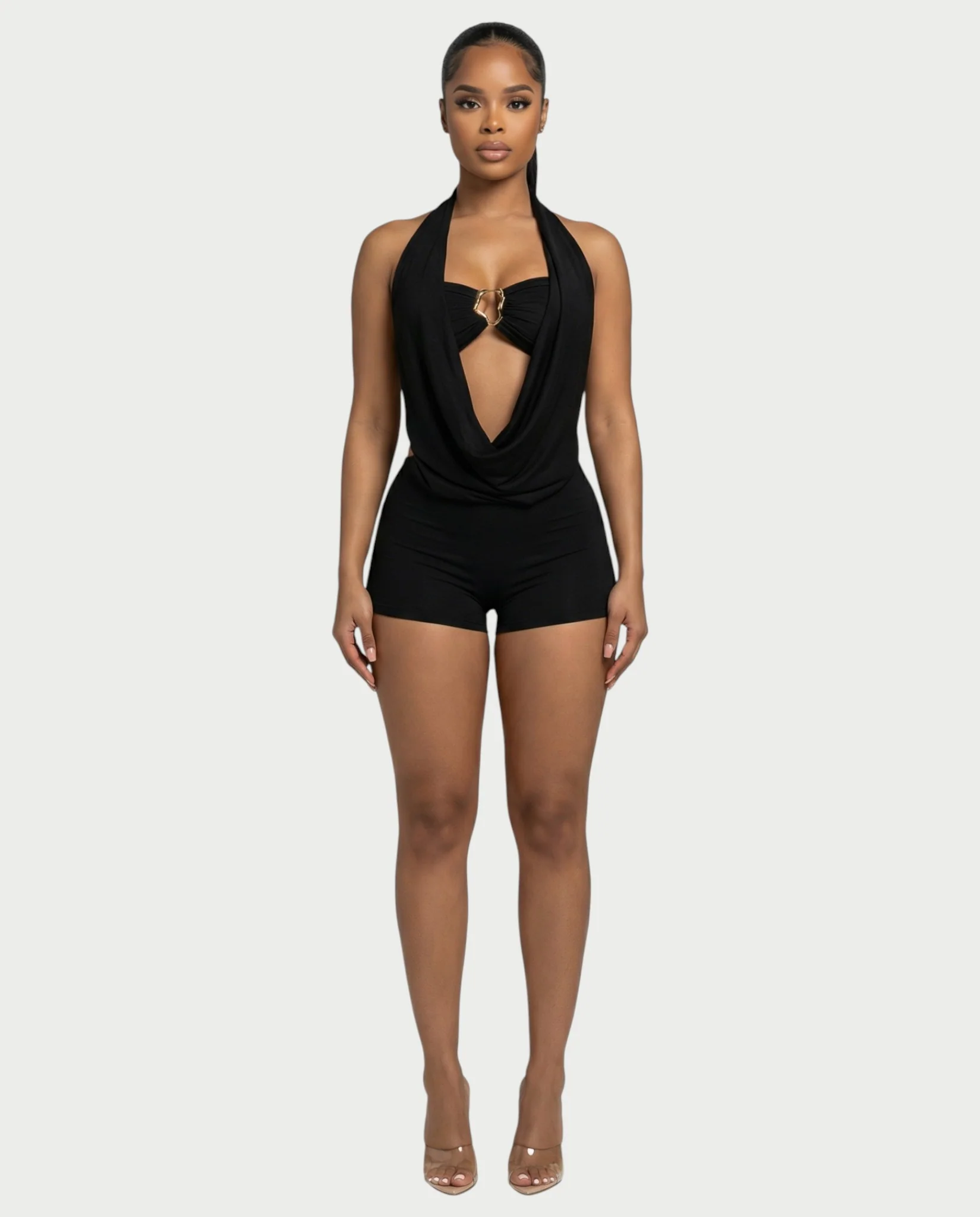 CHANE Halter Draped Romper & Buckle Bralette Set