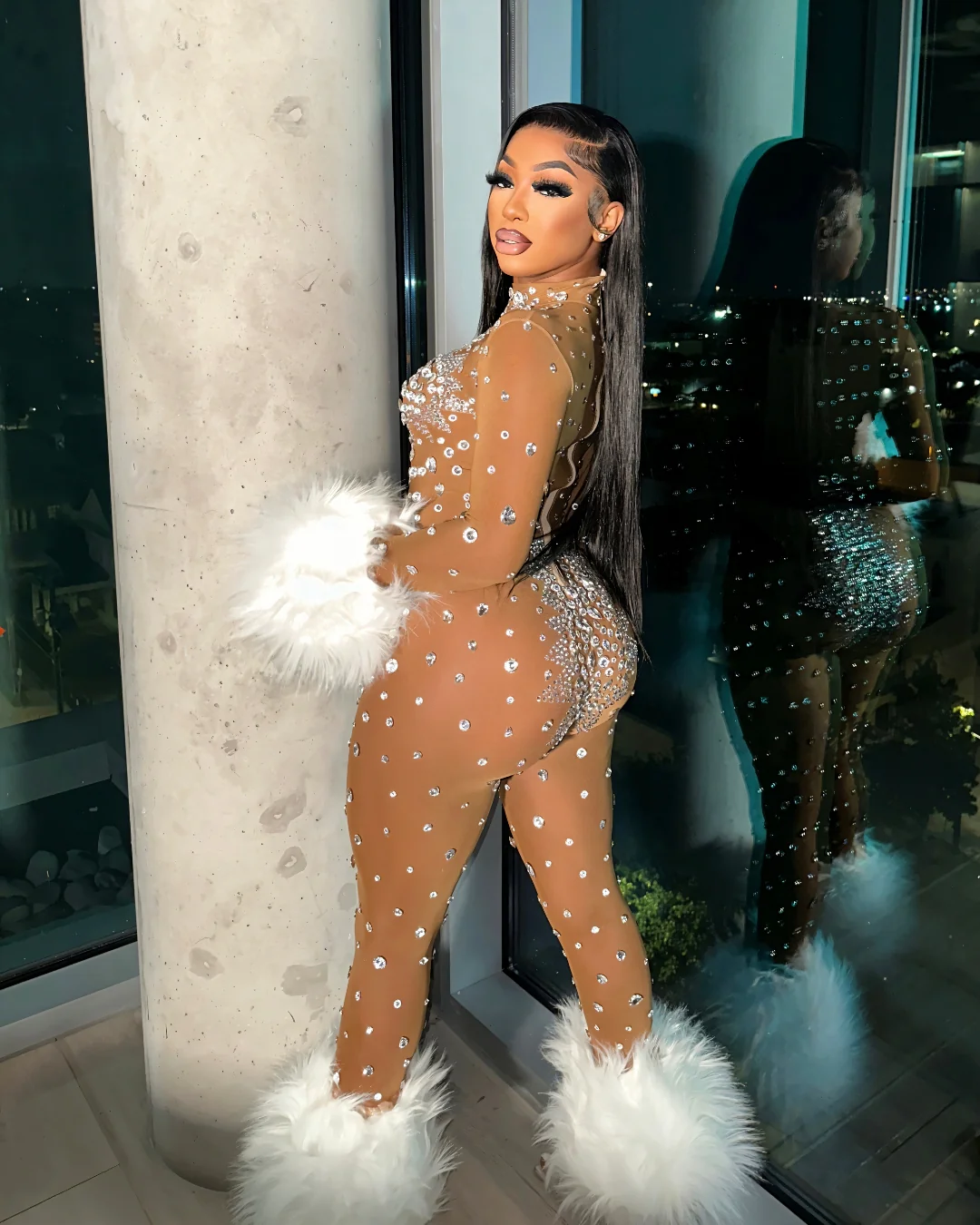 CHARICE Rhinestone & Faux Fur Trim Jumpsuit - Image 10