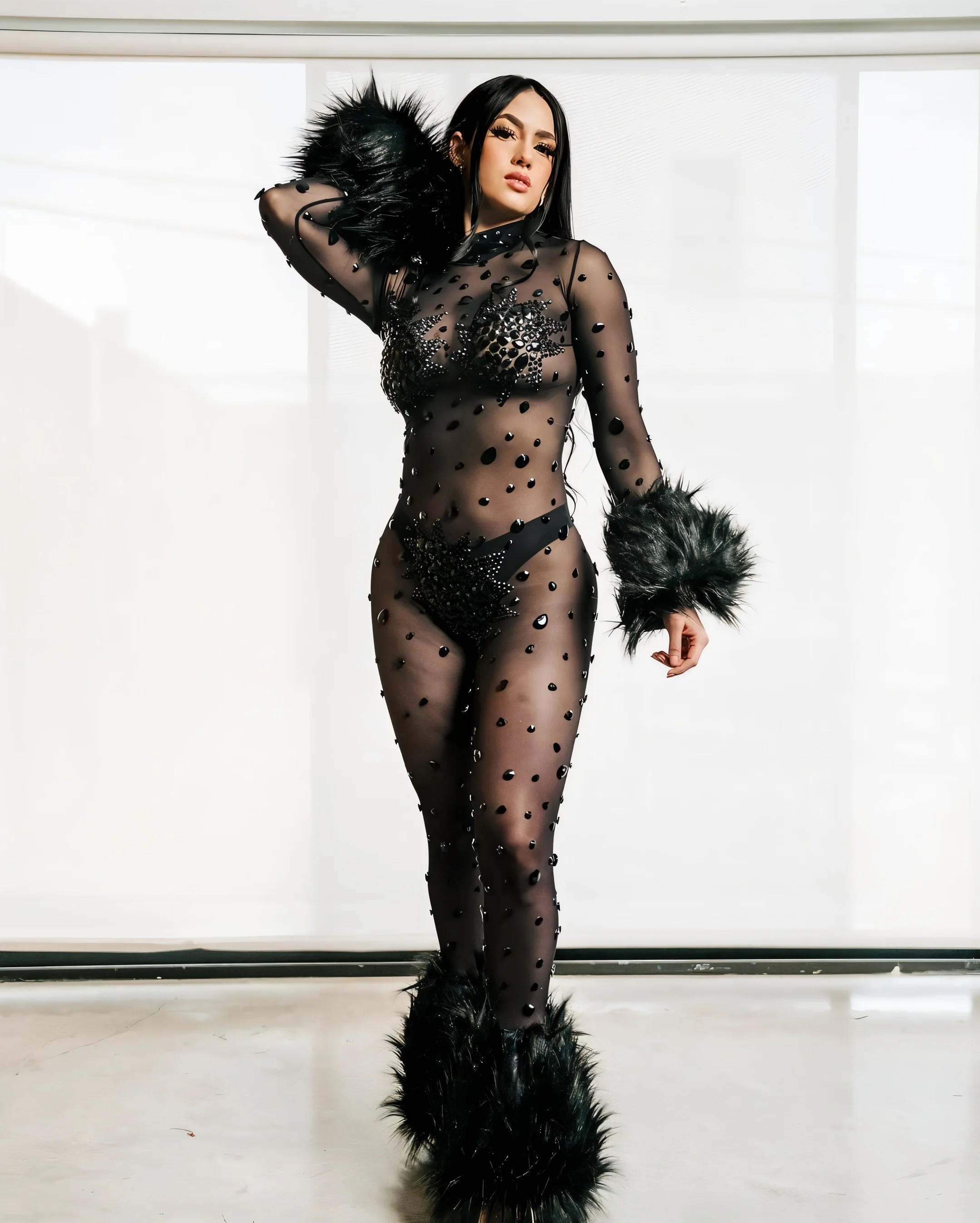 CHARICE Rhinestone & Faux Fur Trim Jumpsuit - Image 12