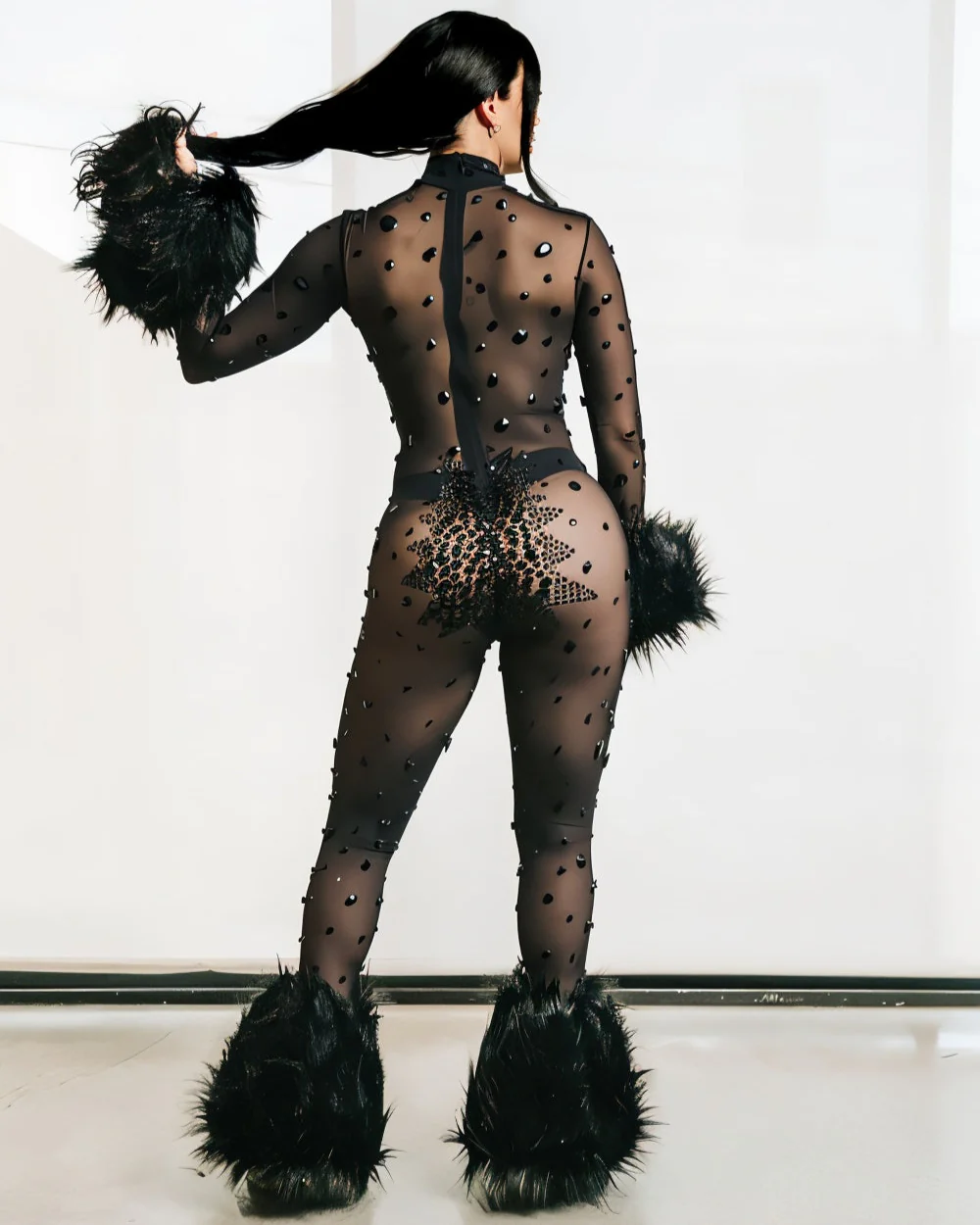 CHARICE Rhinestone & Faux Fur Trim Jumpsuit - Image 13