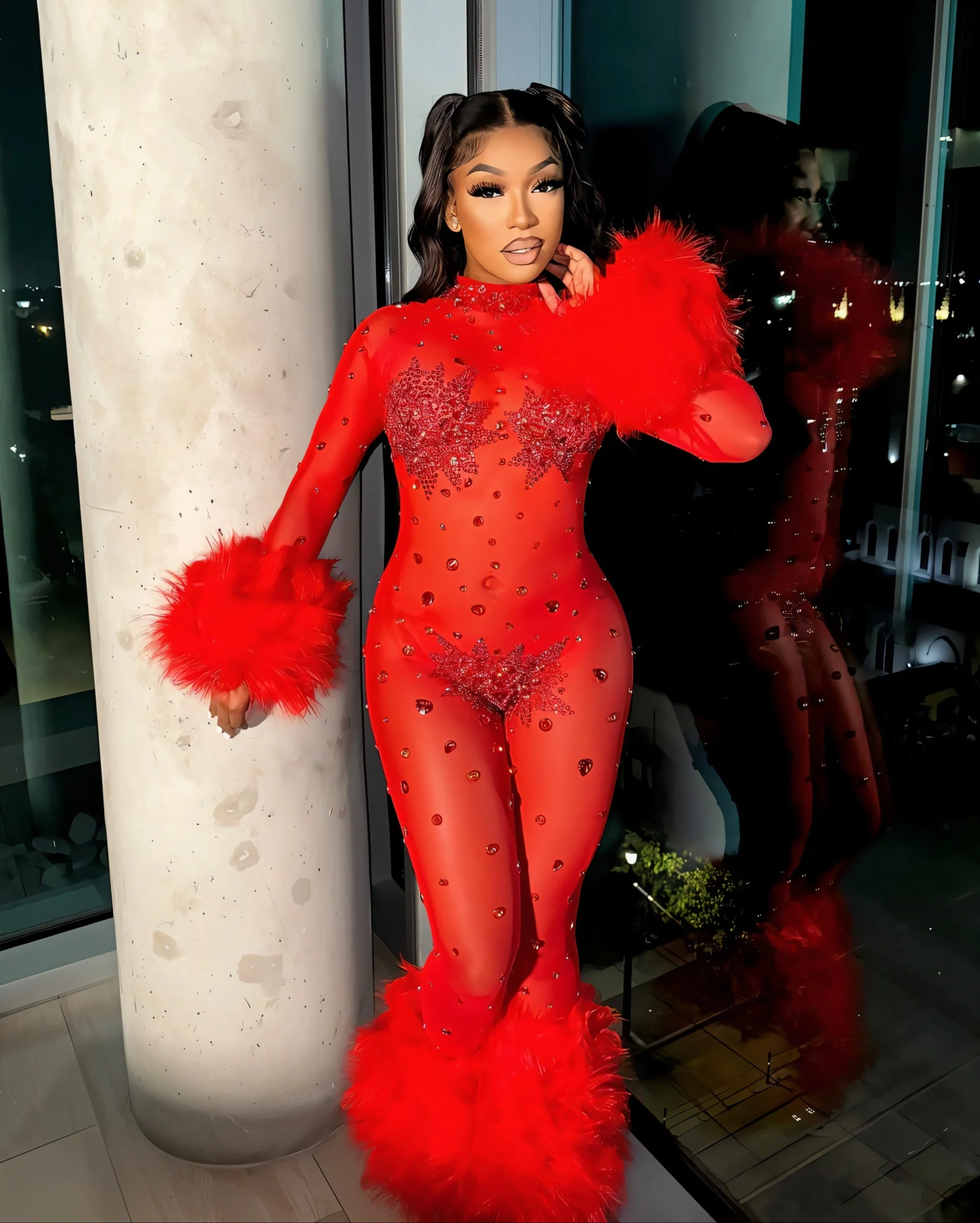 CHARICE Rhinestone & Faux Fur Trim Jumpsuit - Image 4