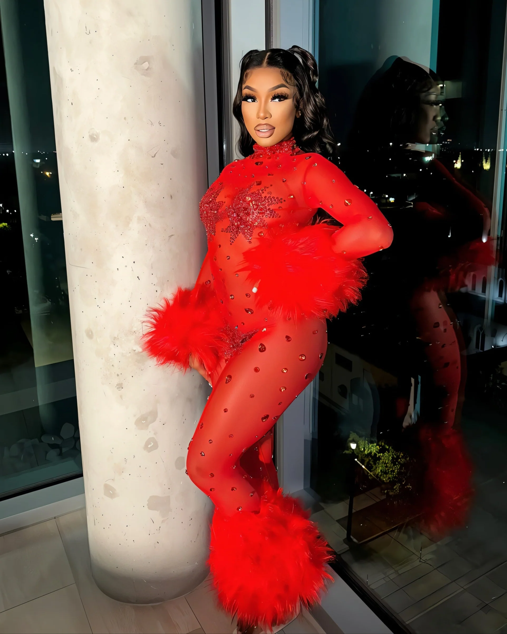 CHARICE Rhinestone & Faux Fur Trim Jumpsuit - Image 5