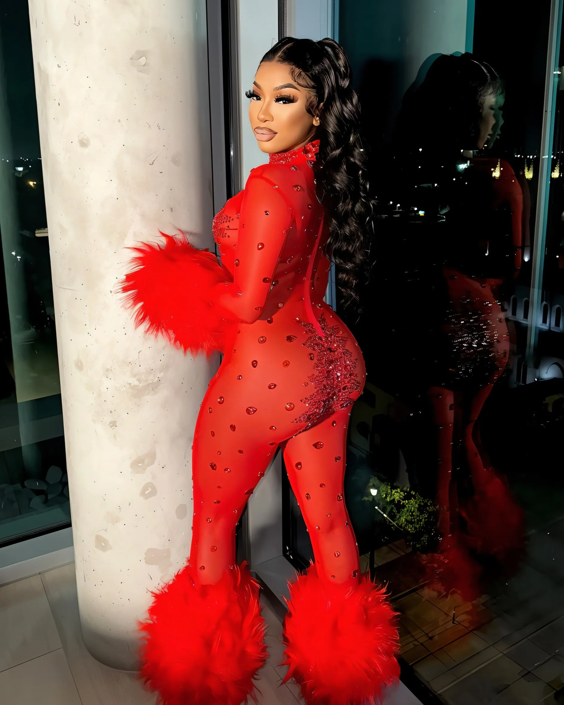 CHARICE Rhinestone & Faux Fur Trim Jumpsuit - Image 6
