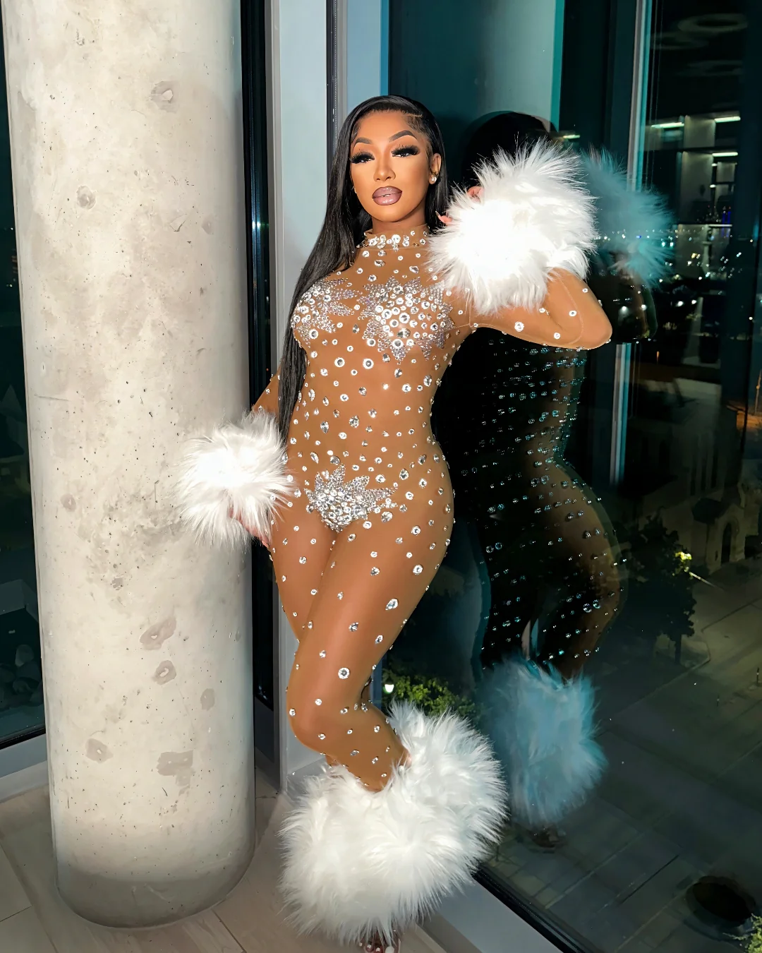 CHARICE Rhinestone & Faux Fur Trim Jumpsuit - Image 7
