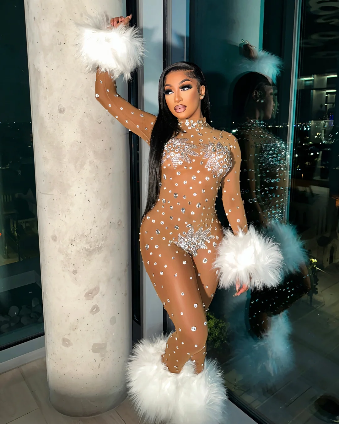 CHARICE Rhinestone & Faux Fur Trim Jumpsuit - Image 8