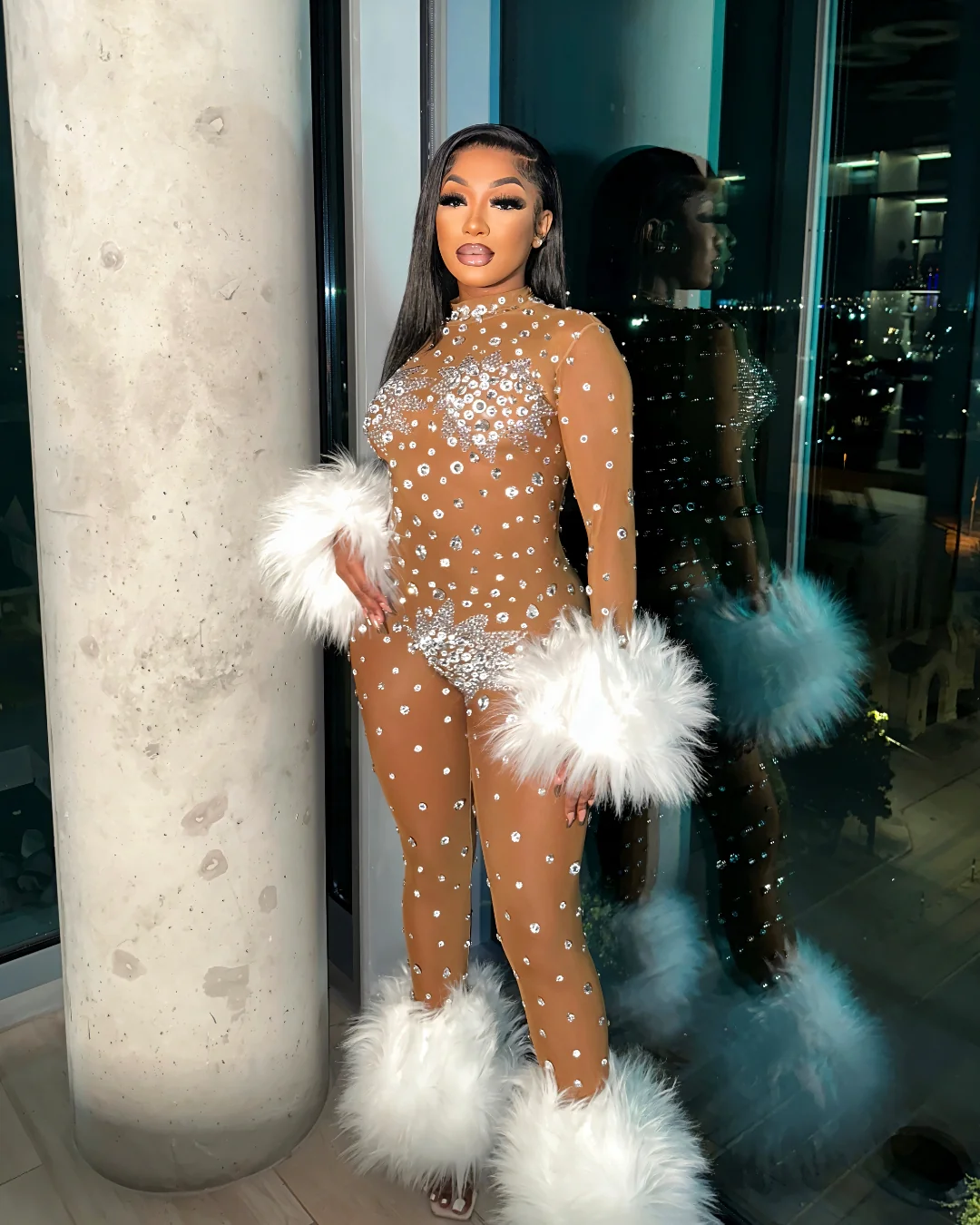 CHARICE Rhinestone & Faux Fur Trim Jumpsuit - Image 9
