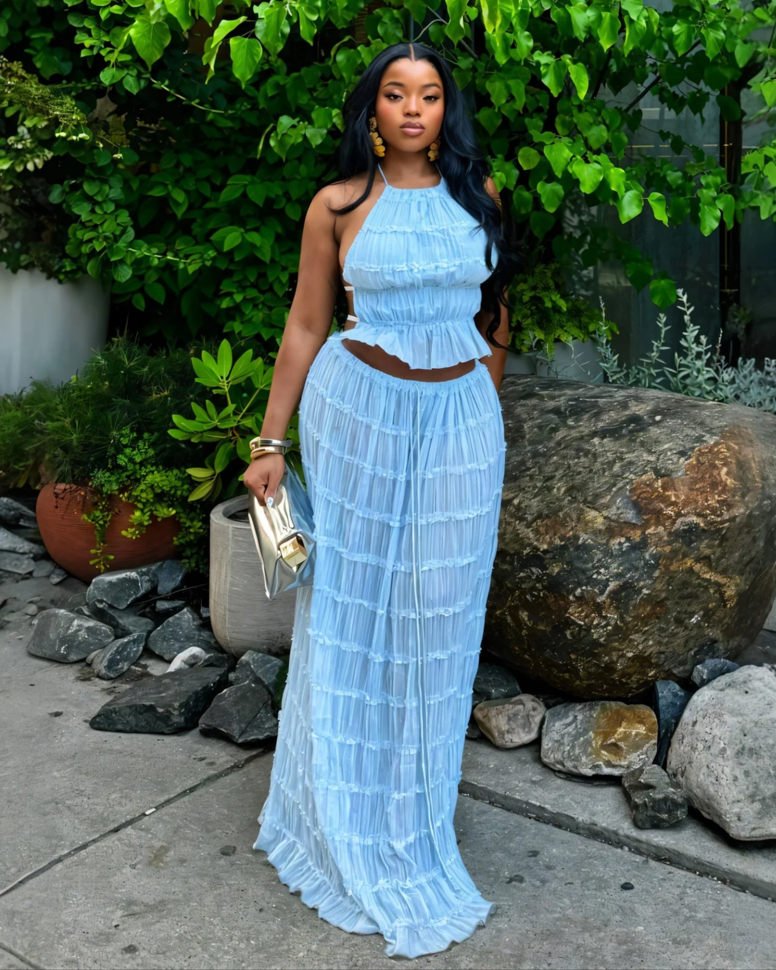 CHRISTINE Sheer Ruched Halter Top and Maxi Skirt Set - Image 12