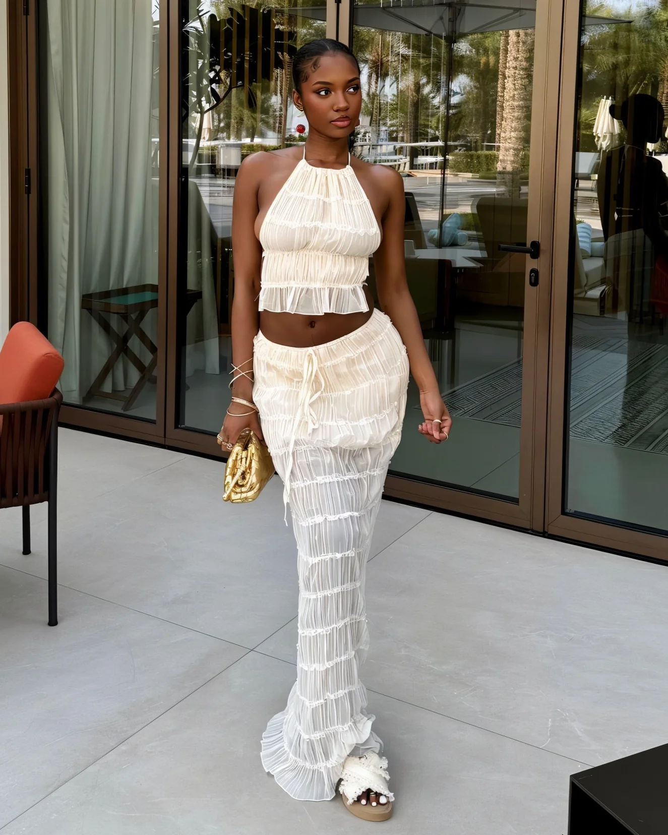 CHRISTINE Sheer Ruched Halter Top and Maxi Skirt Set - Image 5