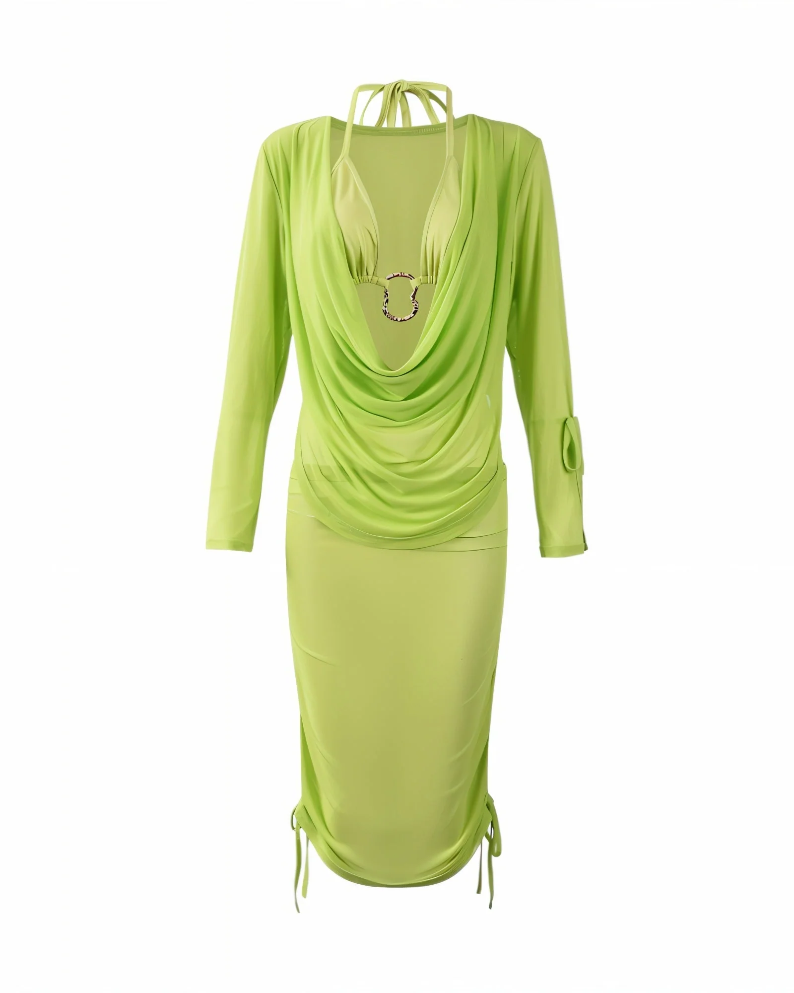 CLAUDETTE 3-Piece Cowl Top with Ring Bikini Top and Midi Skirt Set - Image 4