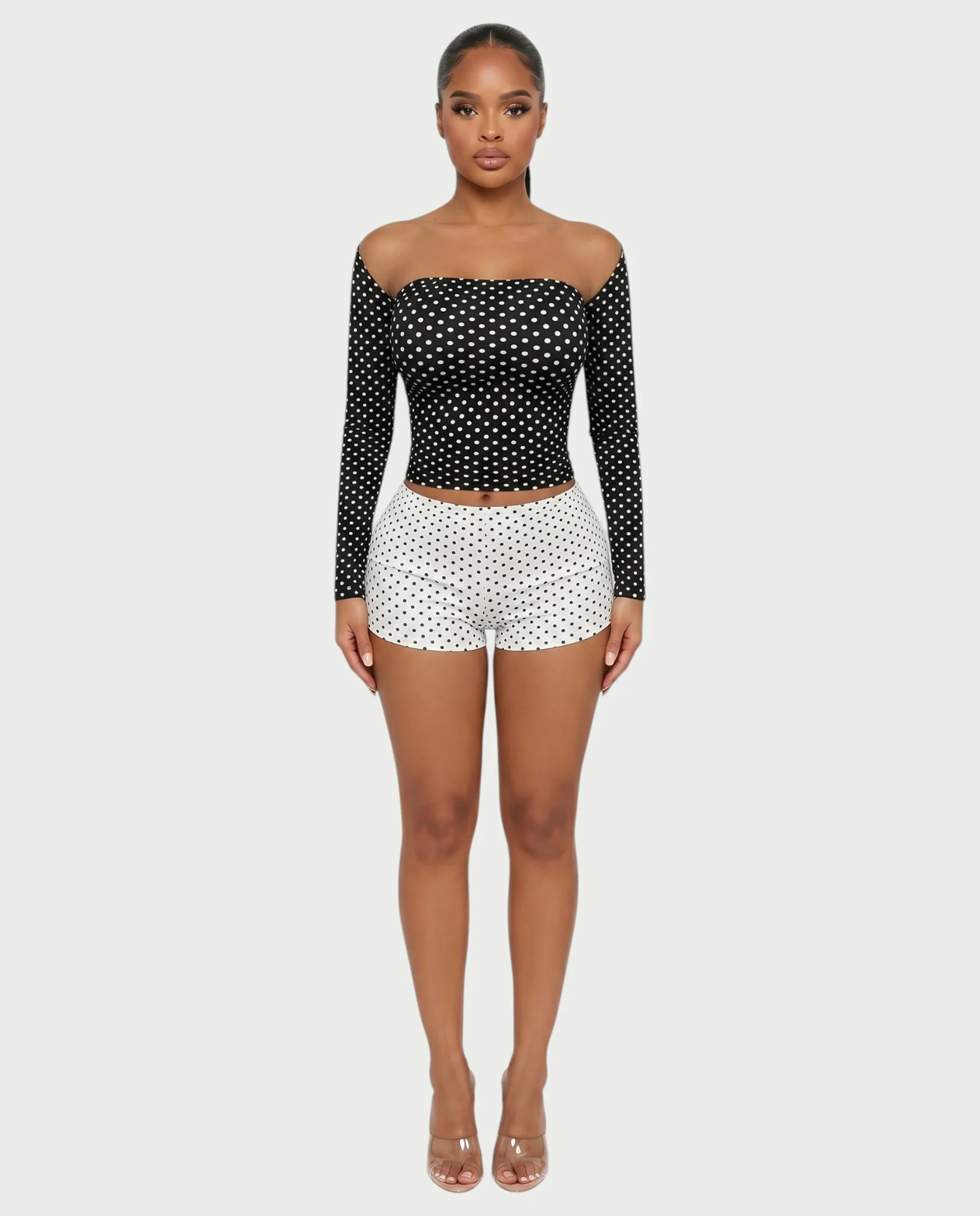 COLINA Polka Dot Shawl, Tube Top & Shorts 3-Piece Set