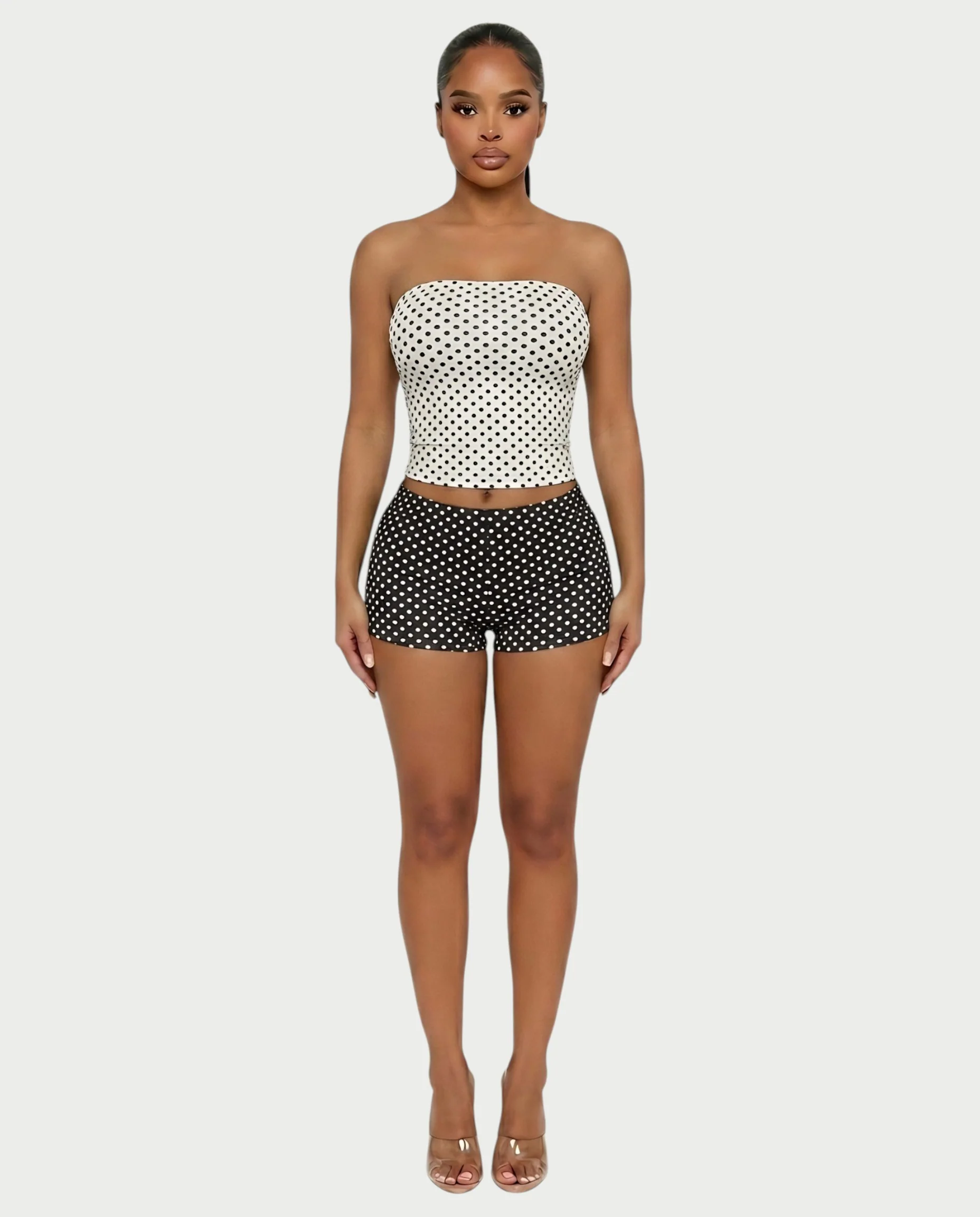 COLINA Polka Dot Shawl, Tube Top & Shorts 3-Piece Set - Image 13
