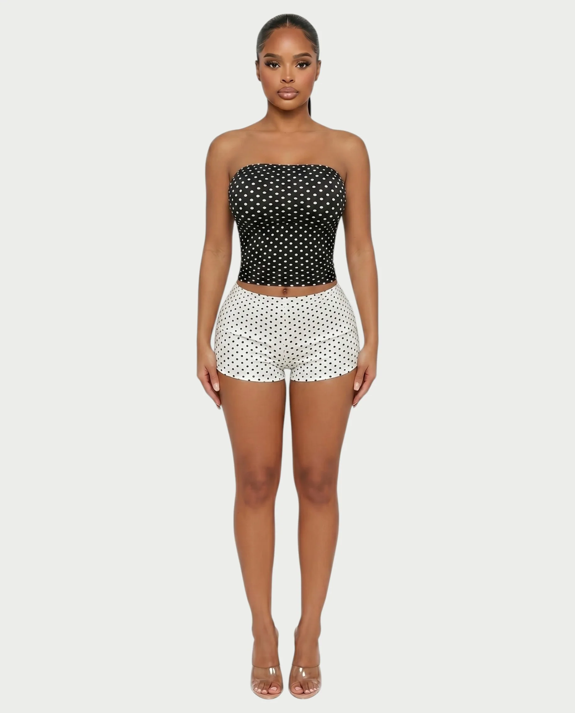COLINA Polka Dot Shawl, Tube Top & Shorts 3-Piece Set - Image 6