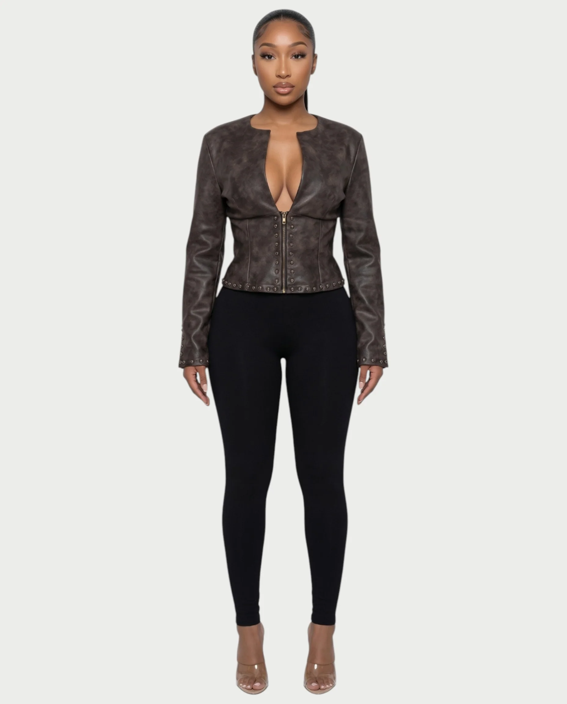 CORRY Studded Zip Leather Jacket - Image 4