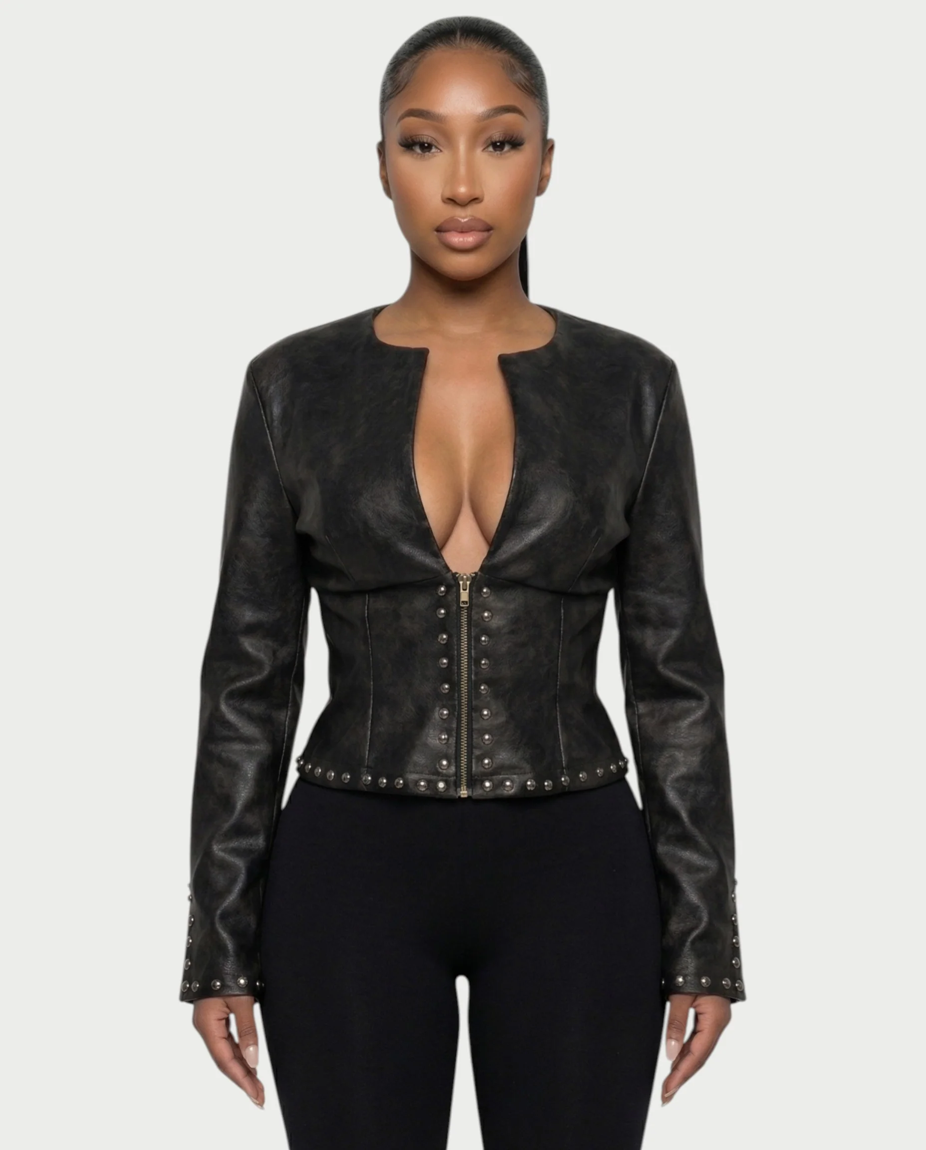 CORRY Studded Zip Leather Jacket - Image 6